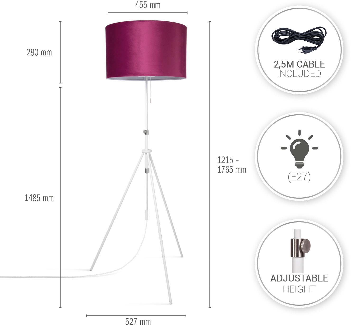 Paco Home Stehlampe »Naomi uni Color«, Leuchtmittel E27 | ohne Leuchtmittel, Wohnzimmer Höhenverstellbar 121,5 bis 176,5 cm Zugschalter Velour