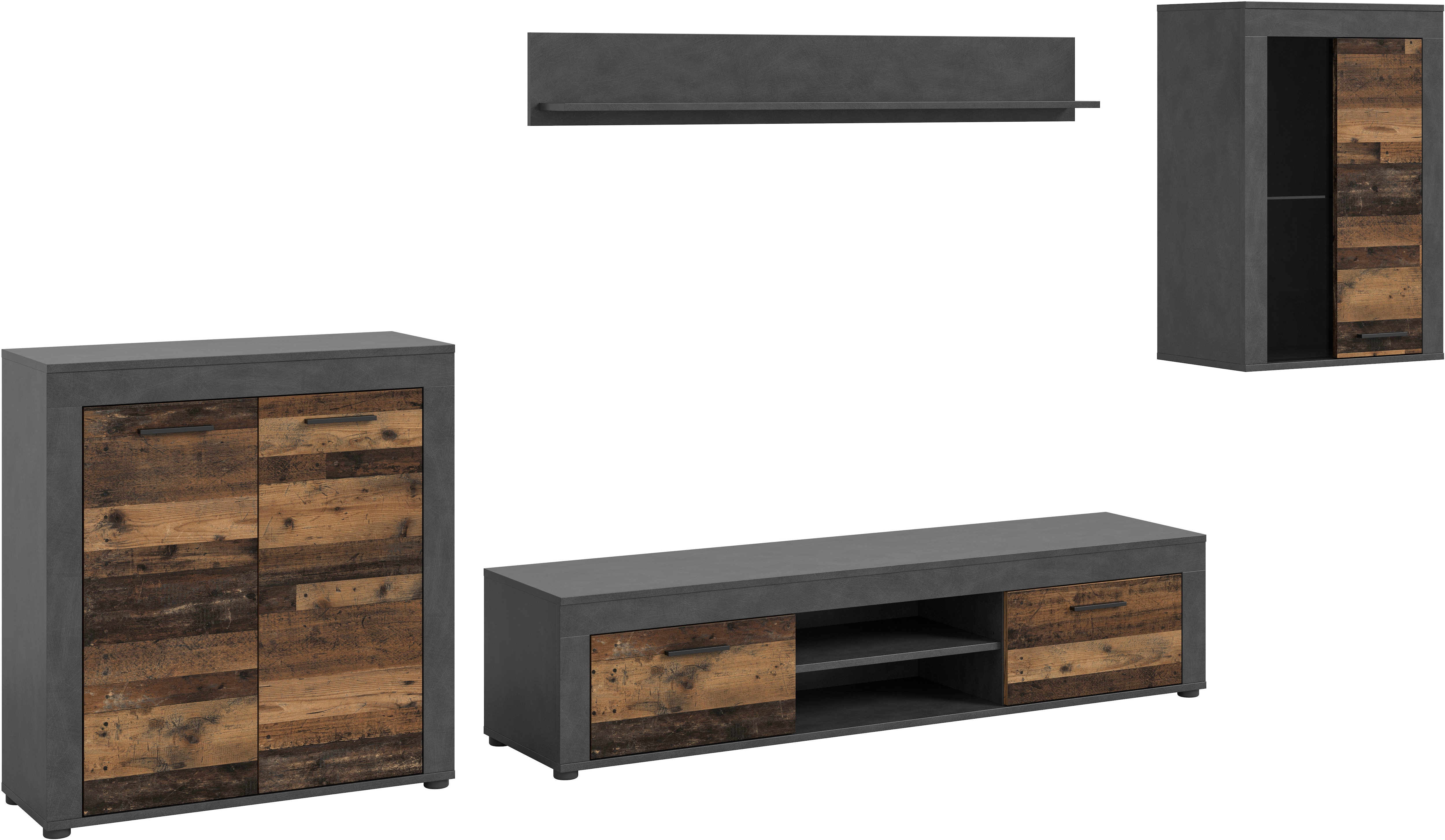 OTTO home Wohnwand "AOSTA, Breite 330cm, 4-teilige Wohn-Kombination" bestehend aus: Highboard, Lowboard, Wandboard & Vitrine, 4 Stk. tlg.