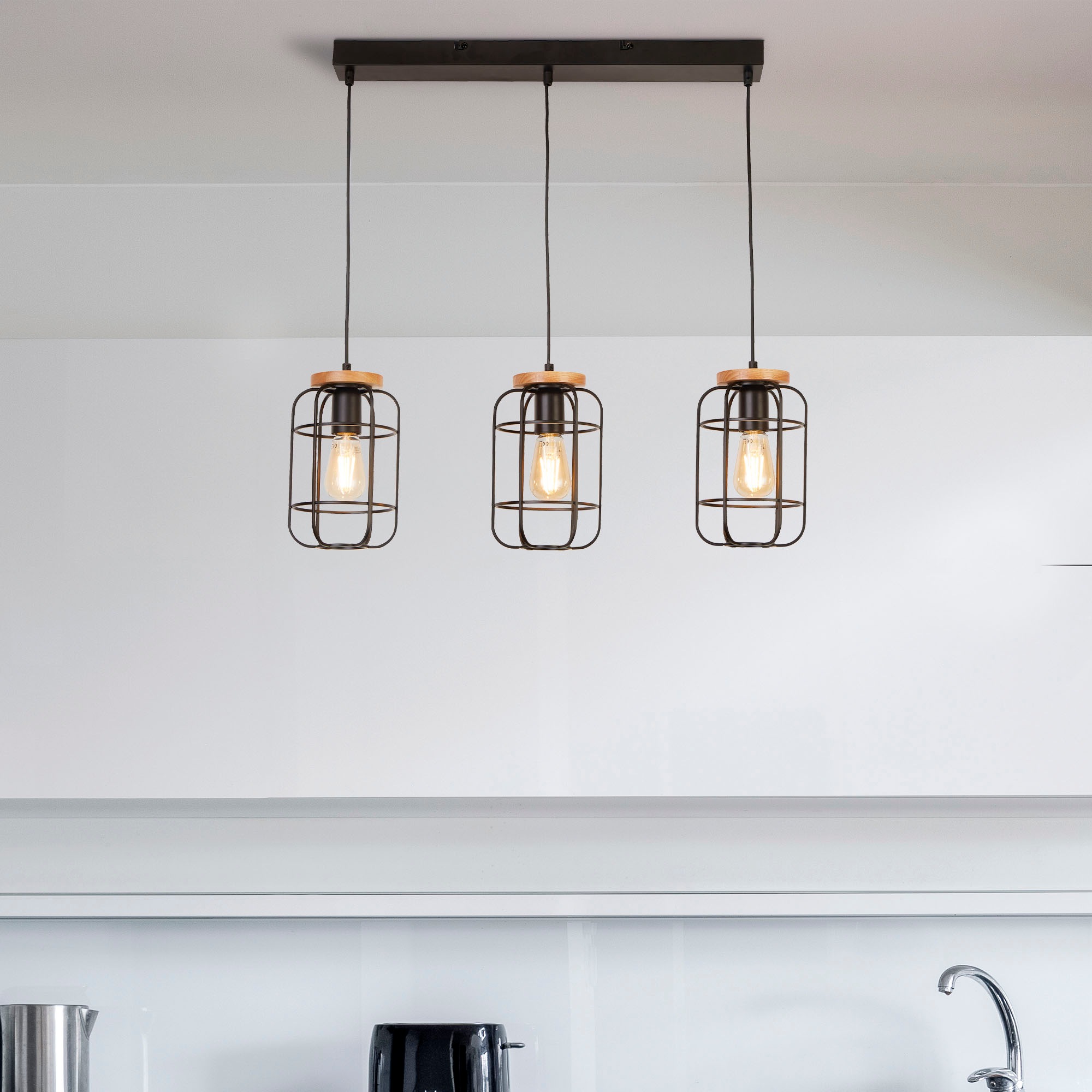 Searchlight Hängeleuchte »Vision 3Lt Bar Pendant - Matt Black Metal & Wood« E27 1 Stk.