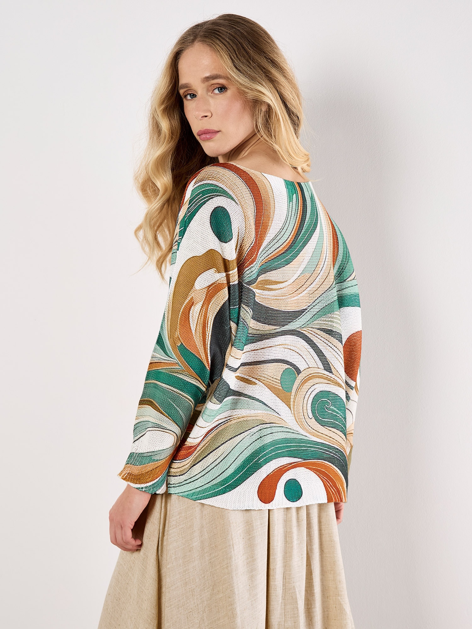 Apricot Blusentop »Schimmerndes Stricktop mit Swirl-Print« mit Fledermausärmeln