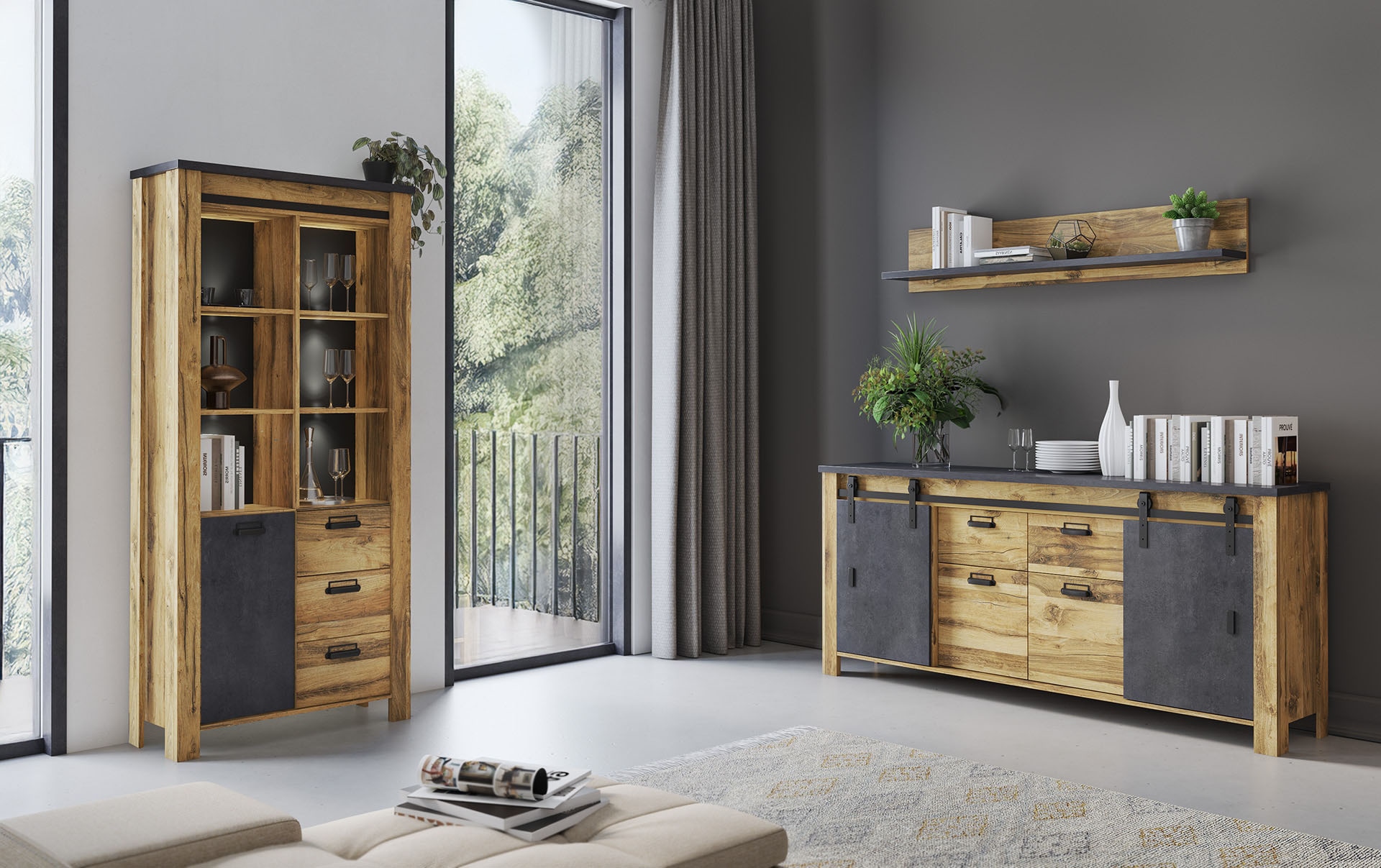 Home affaire Vitrine »York, moderner Hochschrank, Schrank in Hunton Oak Dekor«, mit Apothekergriffen aus Metall, Industrialdesign, 200 cm hoch