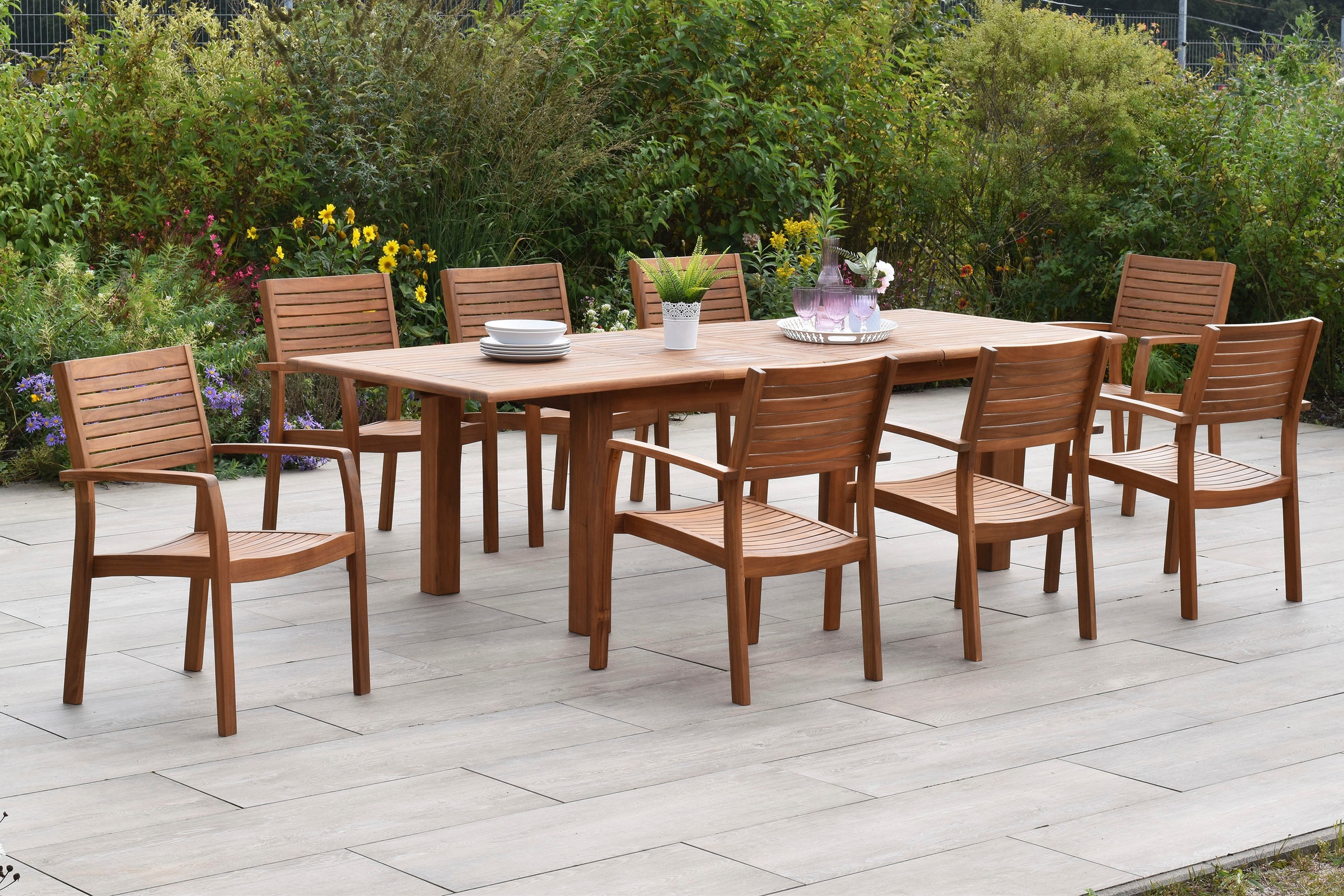 MERXX Garten-Essgruppe »»Batavia««, (Set, 9 tlg., Tisch doppelt ausziehbar: 100x 180/220/260x 75 cm), Sessel stapelbar, Doppelausziehtisch Beine 9x9 cm stark