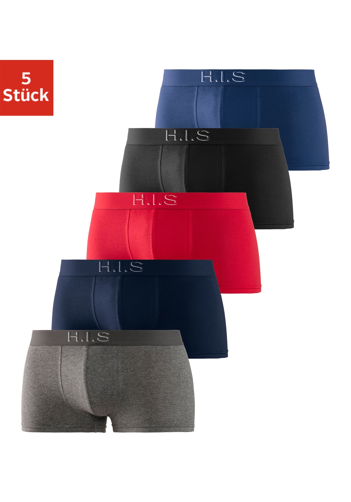 H.I.S Hipster Packung, 5 Stk. knapp sitzende Boxershorts am Webbund mit Logoschriftzug mit 3D Effekt