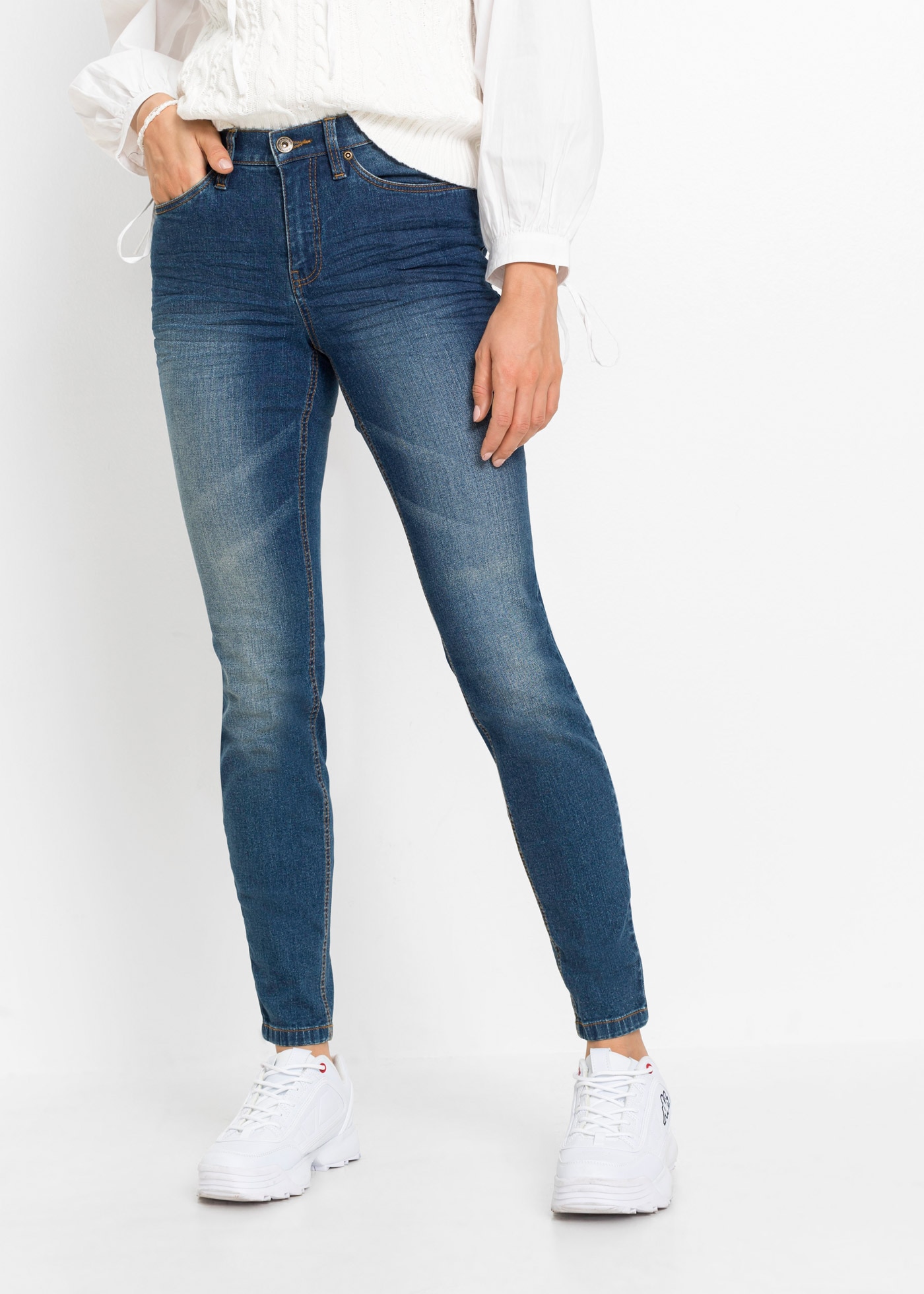 Skinny-fit-Jeans BONPRIX, Damen, Gr. 38, N-Gr, blau denim, Denim/Jeans, Obermaterial: 76% Baumwolle, 16% Polyester, 7% Viskose, 1% Elasthan, skinny fit, Jeans, Skinny-fit-Passform, verkürztes 7/8-Bein, mit Five-Pocket-Style