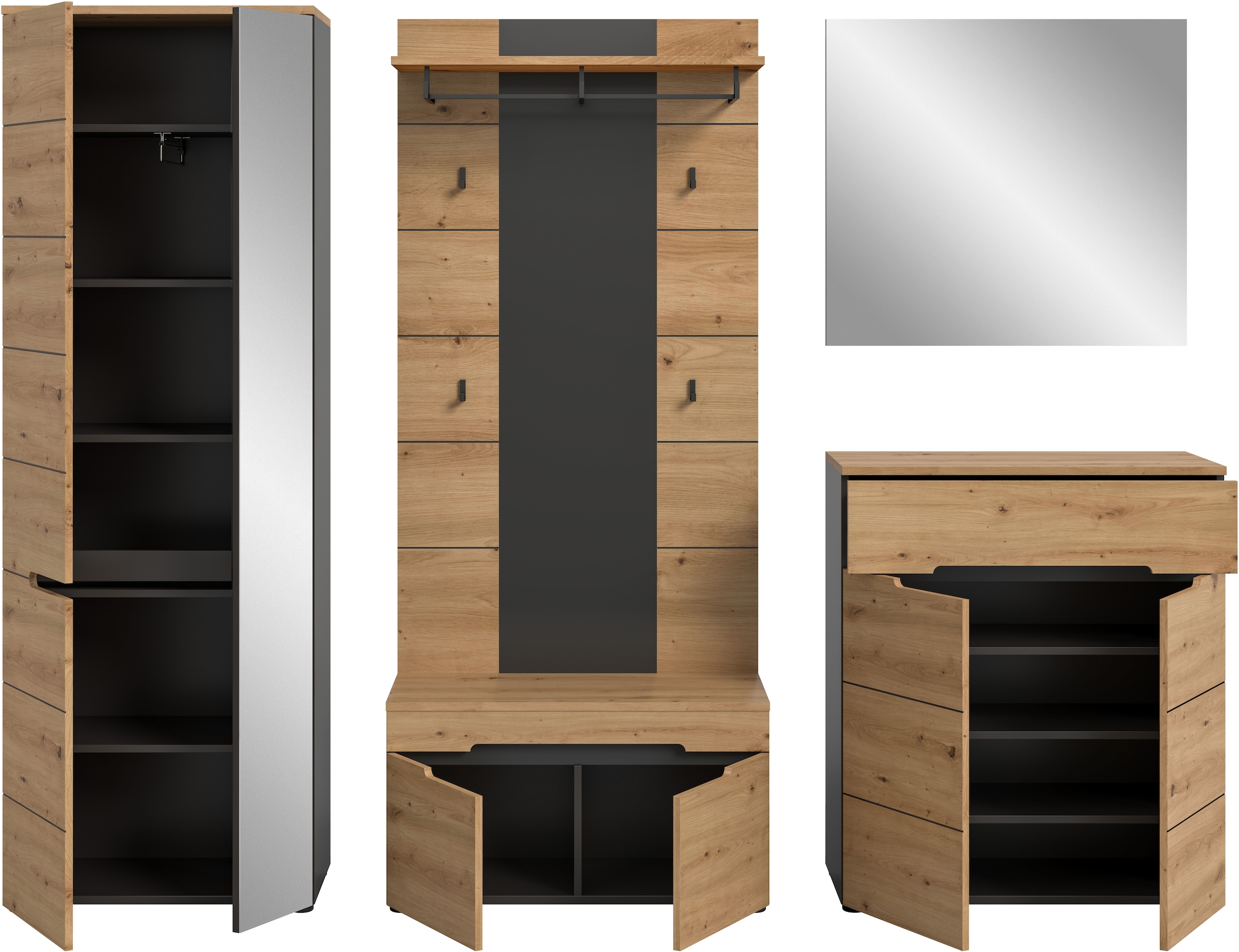 INOSIGN Garderoben-Set, (Set, 5 St., bestehend aus: Garderobenschrank, Sitzbank, Paneel, Spiegel, Kommode), Garderobenkombination, Kombination, Set, Flurgarderobe, Diele