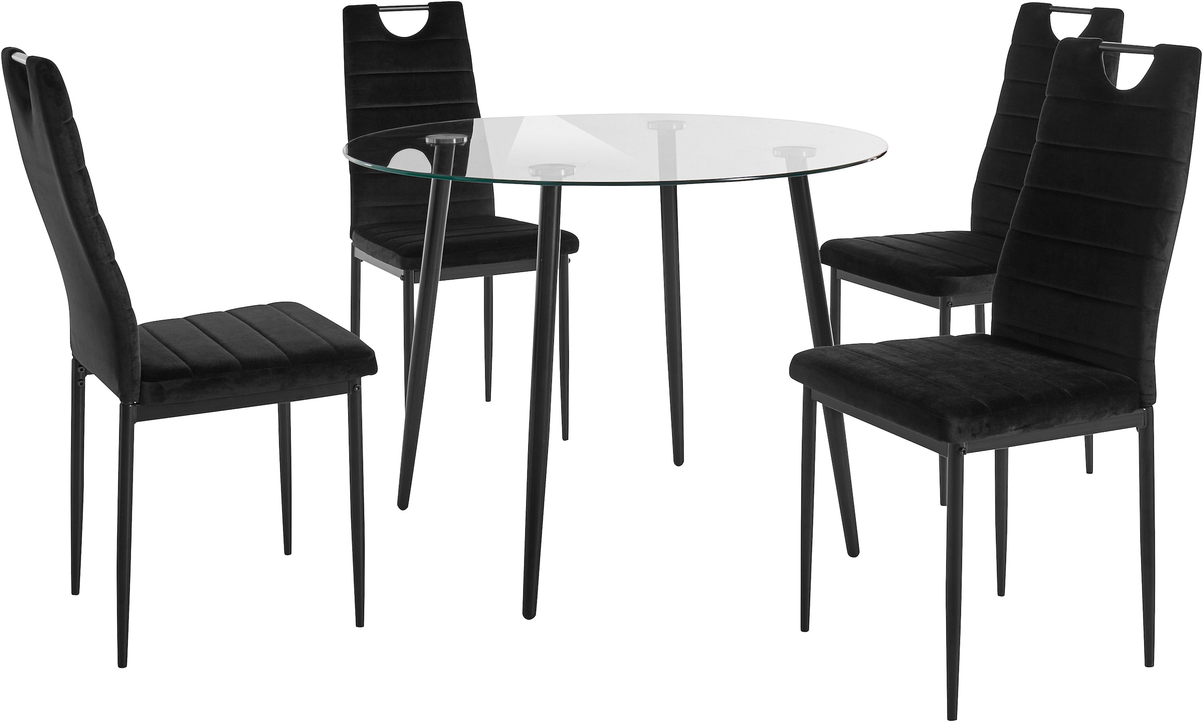 INOSIGN Essgruppe, (Set, 5 tlg.), runder Glastisch, Ø 100 cm und 4  Esszimmerstühlen, Bezug aus Samtstoff | BAUR