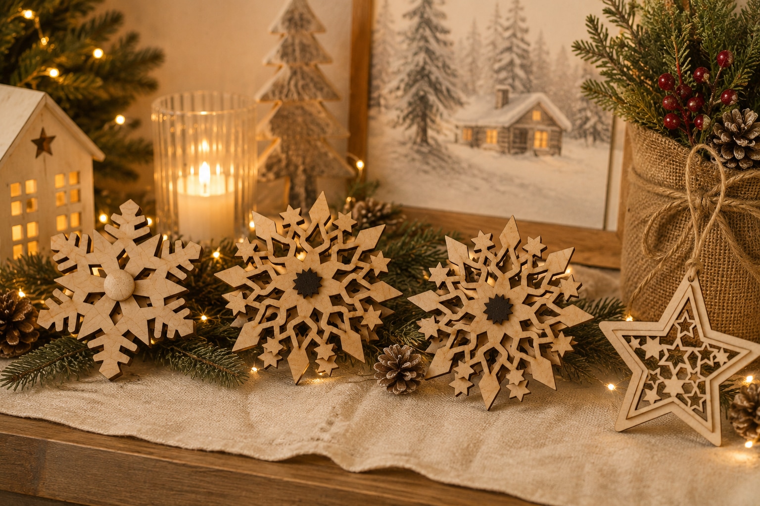 OTTO home Dekoobjekt »Schneeflocken Holzdekoration, 3-teiliges Set Farbe Natur« Gratis-Hänger, Höhe 8 cm, weihnachtliches Schmücken
