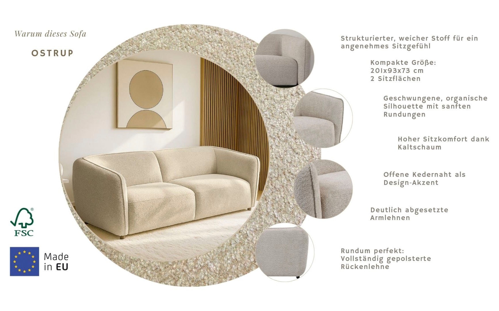 Home affaire 2,5-Sitzer »OSTRUP, Naturtöne, Boucle« Breite 201 cm, organische Form mit sanften Rundungen