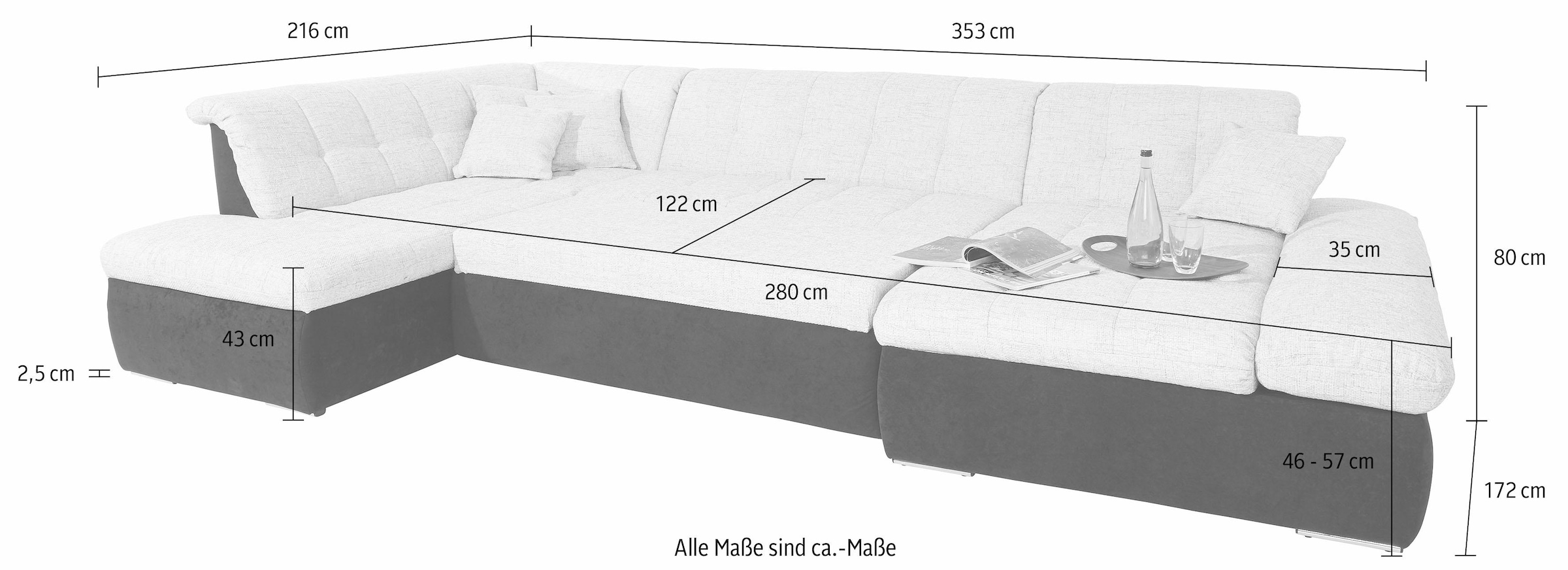 DOMO collection Wohnlandschaft »PB Moric wahlweise mit Bettfunktion und Armteilverstellung  U-Form«, XXL-Format B/T/H: 353/216/80 cm, feine Steppung, incl. Zierkissen