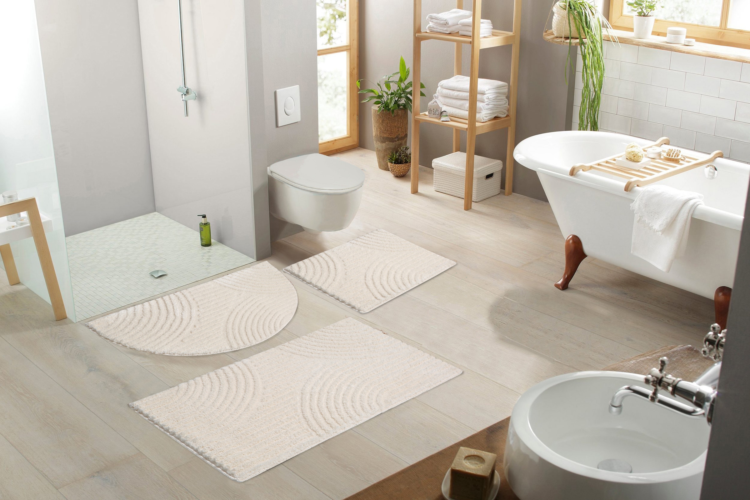 my home Badematte »Ognon, Scandi, Boho, modernes Muster«, rutschhemmend beschichtet, fußbodenheizungsgeeignet-schnell trocknend-strapazierfähig, Badteppich, Uni Farben, Hoch-Tief-Effekt