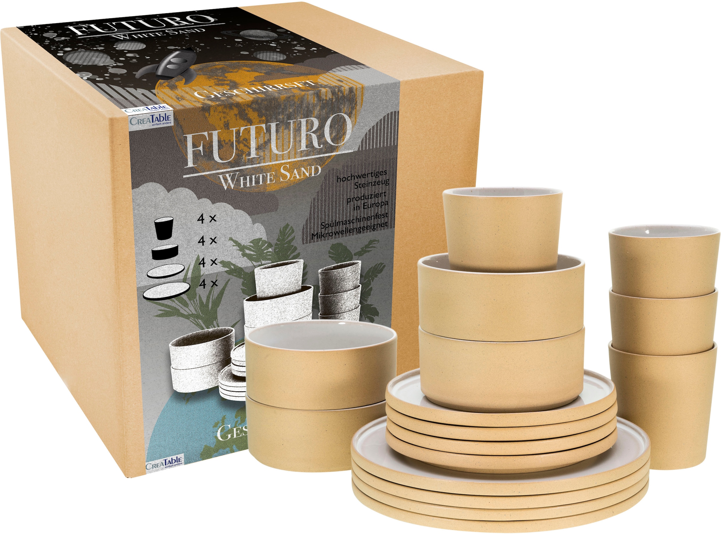 CreaTable Kombiservice »Futuro«, (Set, 16 tlg.), Service, je 4 Speiseteller, Dessertteller, Schalen, Kaffeebecher