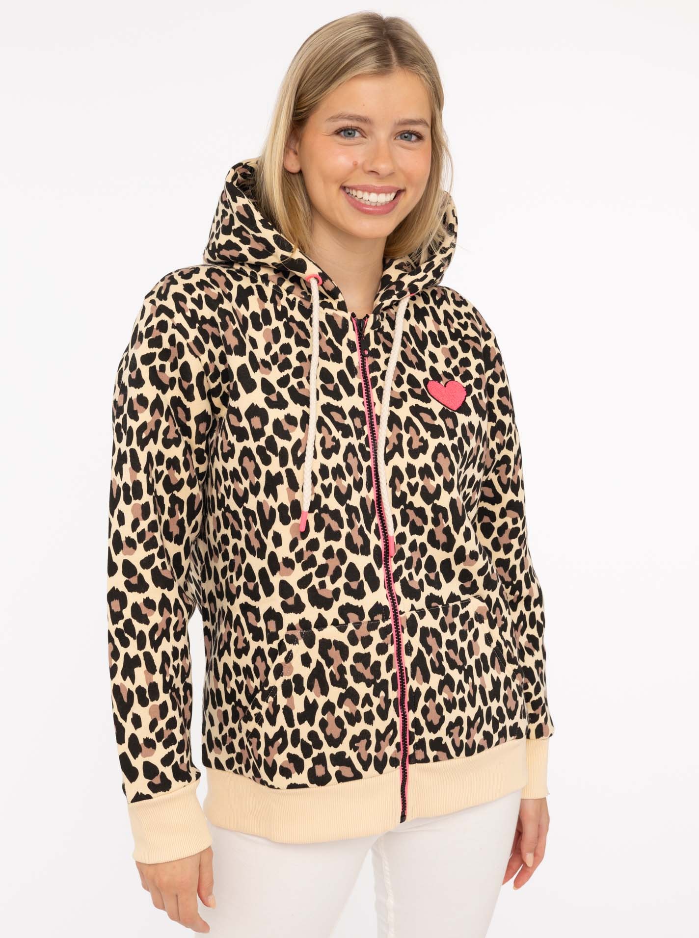 Zwillingsherz Kapuzensweatjacke ""Leo AOP"", Langarm, Fronttaschen, Reißver günstig online kaufen