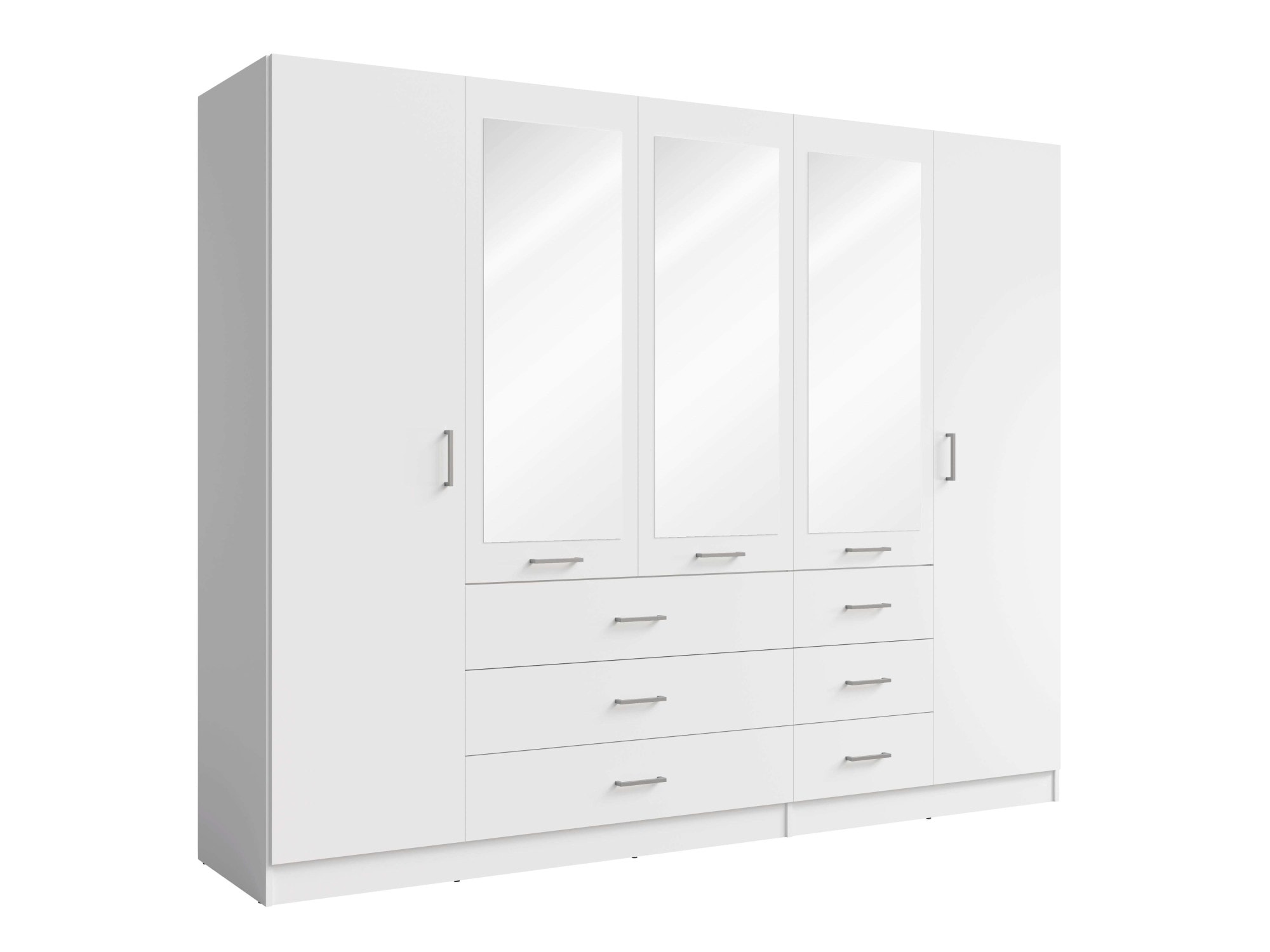 Home affaire Kleiderschrank »KOS Garderobe mit 6 Schubladen, Kleiderstange, 5 Einlegeböden, Spiegel«, Wäscheschrank mit 5 Drehtüren, silber Griffen, Maße B/H/T 250/200/58cm