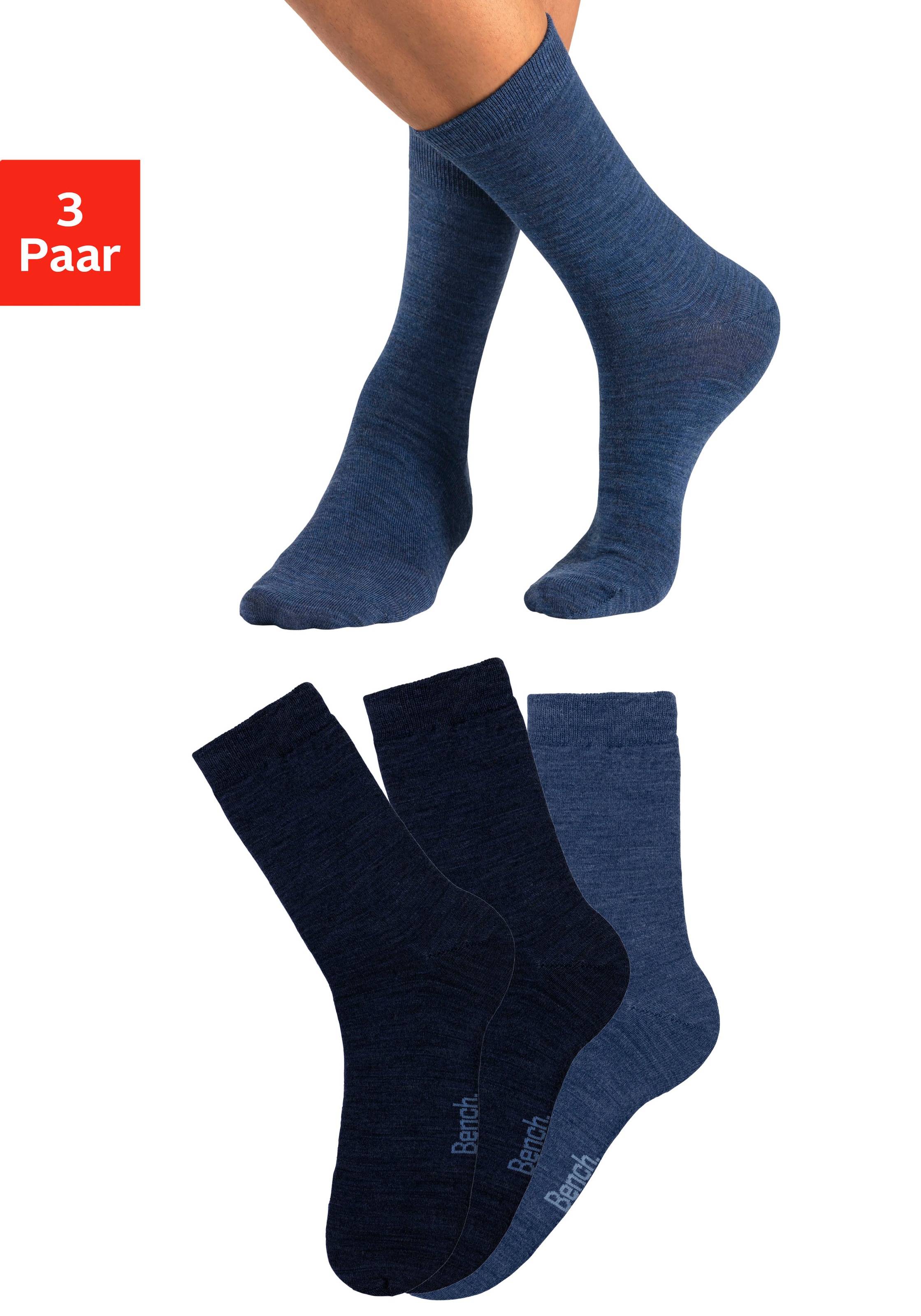 Bench. Socken "Herren Wollsocken, Basic uni" Packung, 3 Paar tlg. Herrensocken mit wärmender Wolle