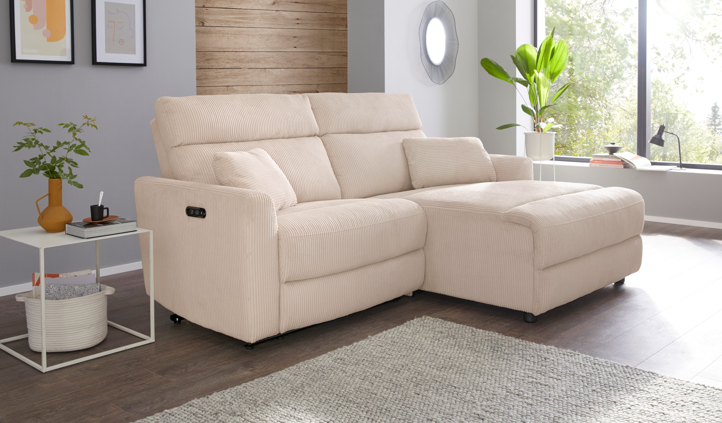INOSIGN Ecksofa »JENNA, L-Form, 209cm, manuelle u. elektrische Funktion, mit USB A/C,«, Liegefunktion 105°-150°, Federkern, Cord