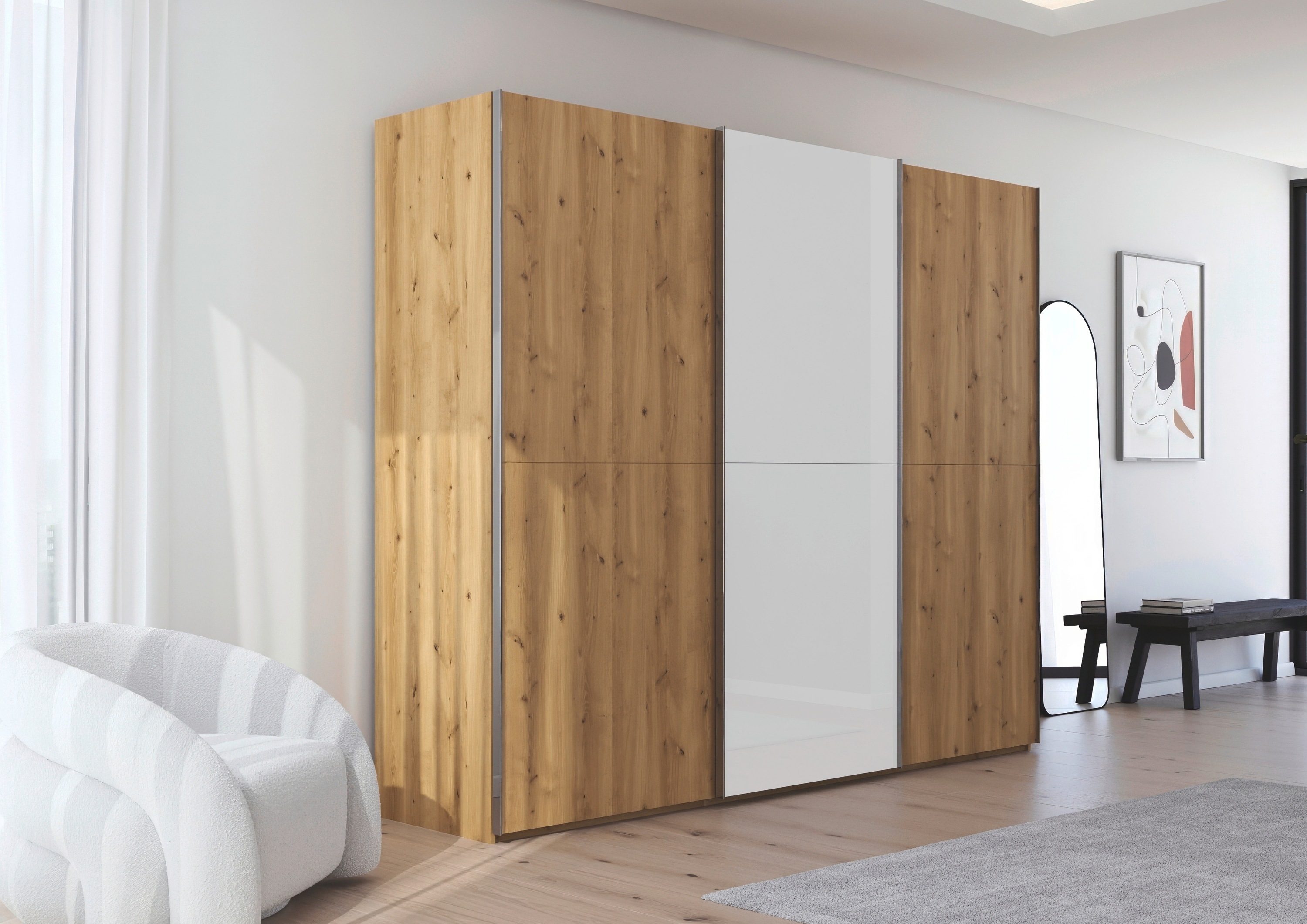 Thumbnail - rauch Schwebetürenschrank "Kleiderschrank Schrank Garderobe Schlafzimmerschrank SCALE-WOOD", edle geteilte Front in mass...