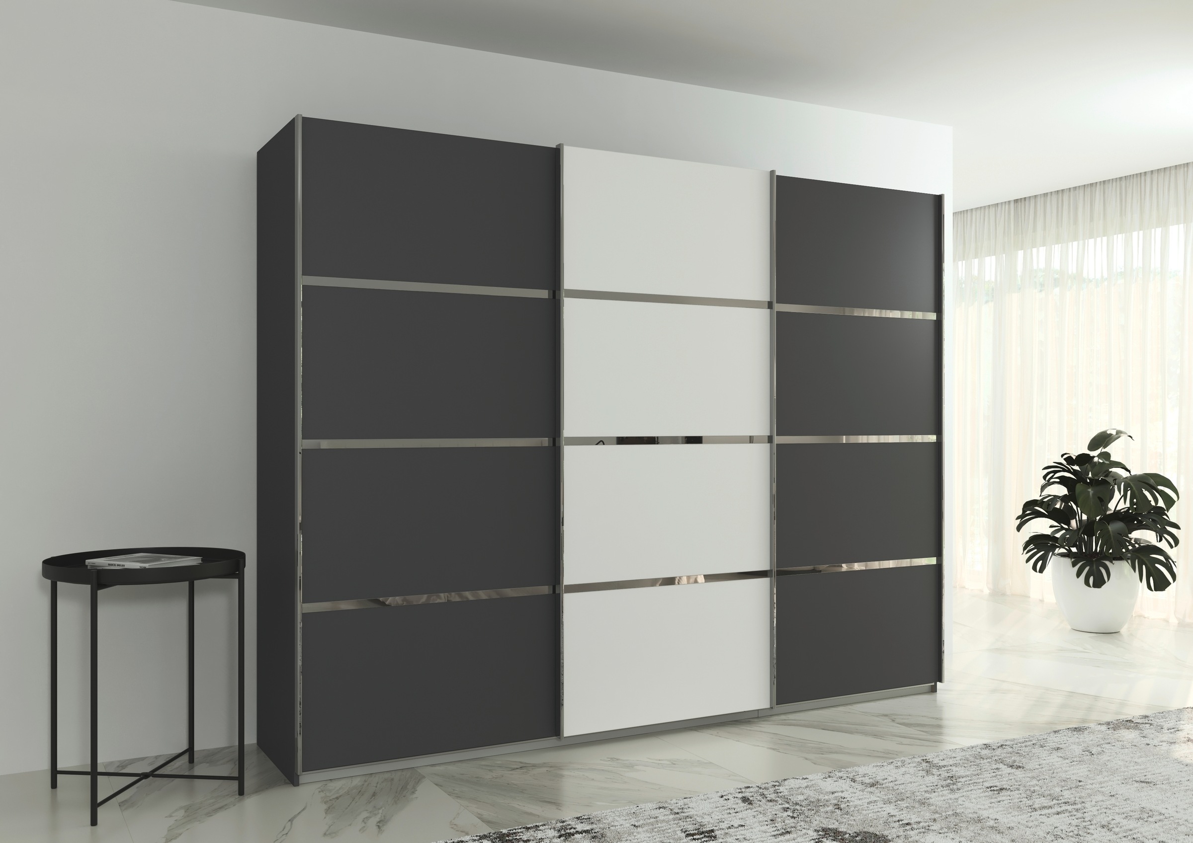 rauch Kleiderschrank »Schwebetürenschrank OTTO´s Choice Garderobe Schrank TOP ANGEBOT Avola«, (in 3 verschiedenen Ausstattungen BASIC/CLASSIC/PREMIUM), mit eleganten Zierleisten in Chrom, Schwarz oder Weiß MADE IN GERMANY