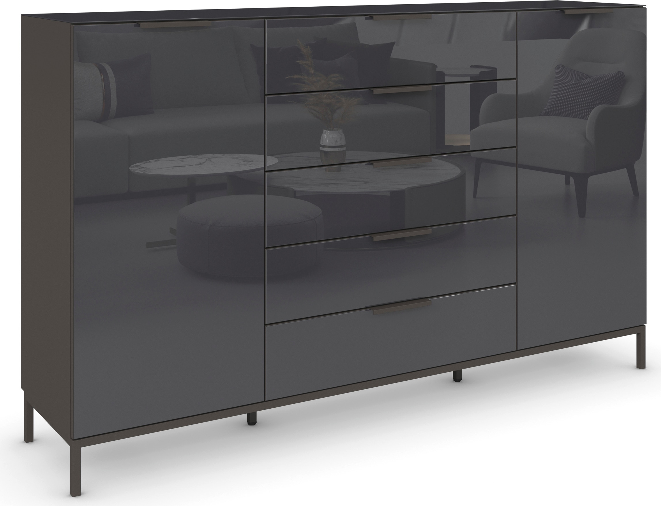 rauch "Kommode Türkommode Sideboard Kombikommode FLIPP mit Glasfront" Breite 160/180 cm mit 4 Einlegeböden, 2-türig, 5 Schubladen, Soft-Close, Oberboden und Front Glas, 2 Breiten