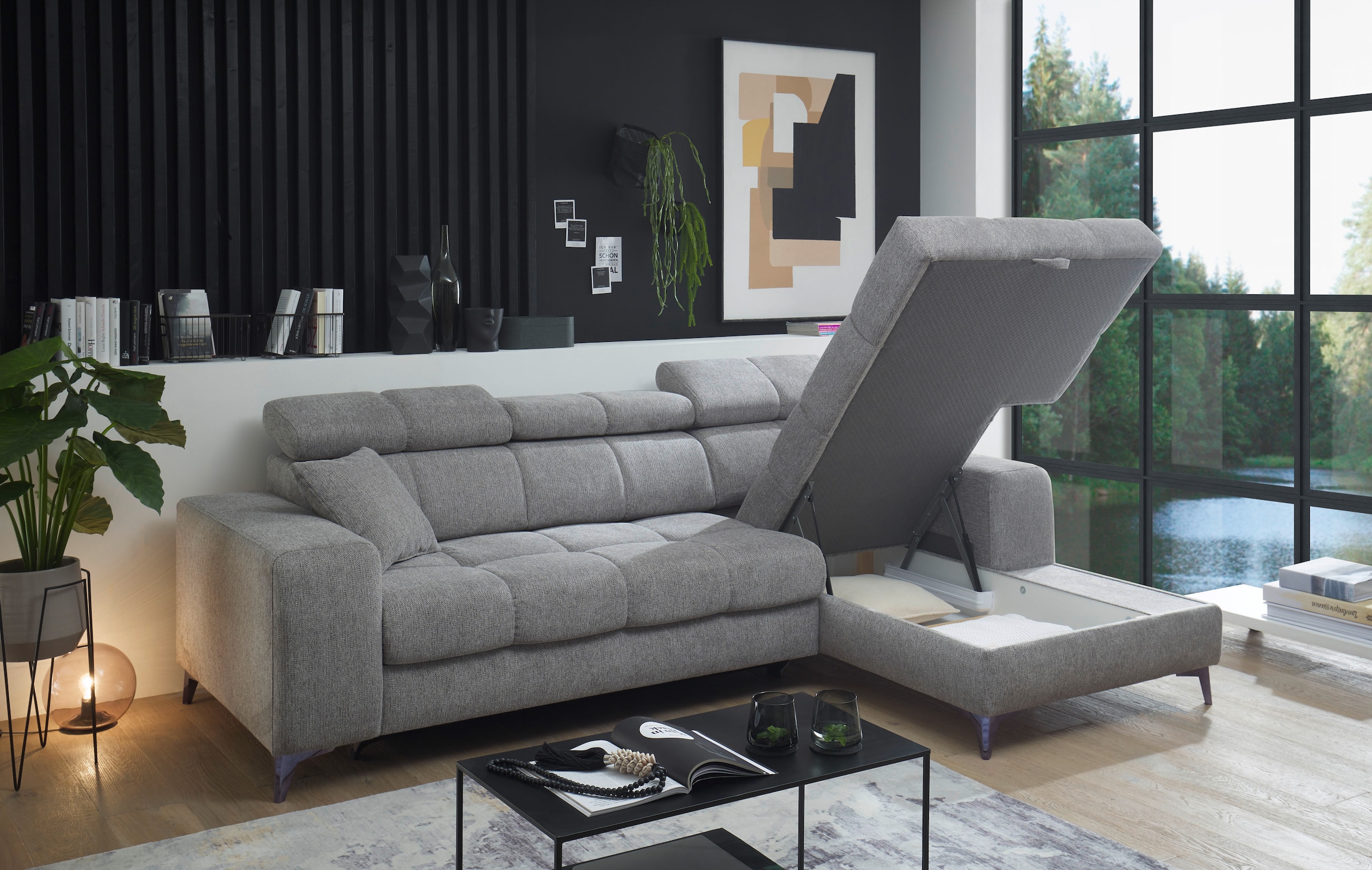ED EXCITING DESIGN Ecksofa »Sydney L-Form mit Bettfunktion, Bettkasten, Kopfteilverstellung«, motorischer Sitztiefenverstellung, USB-Port & 2 Zierkissen
