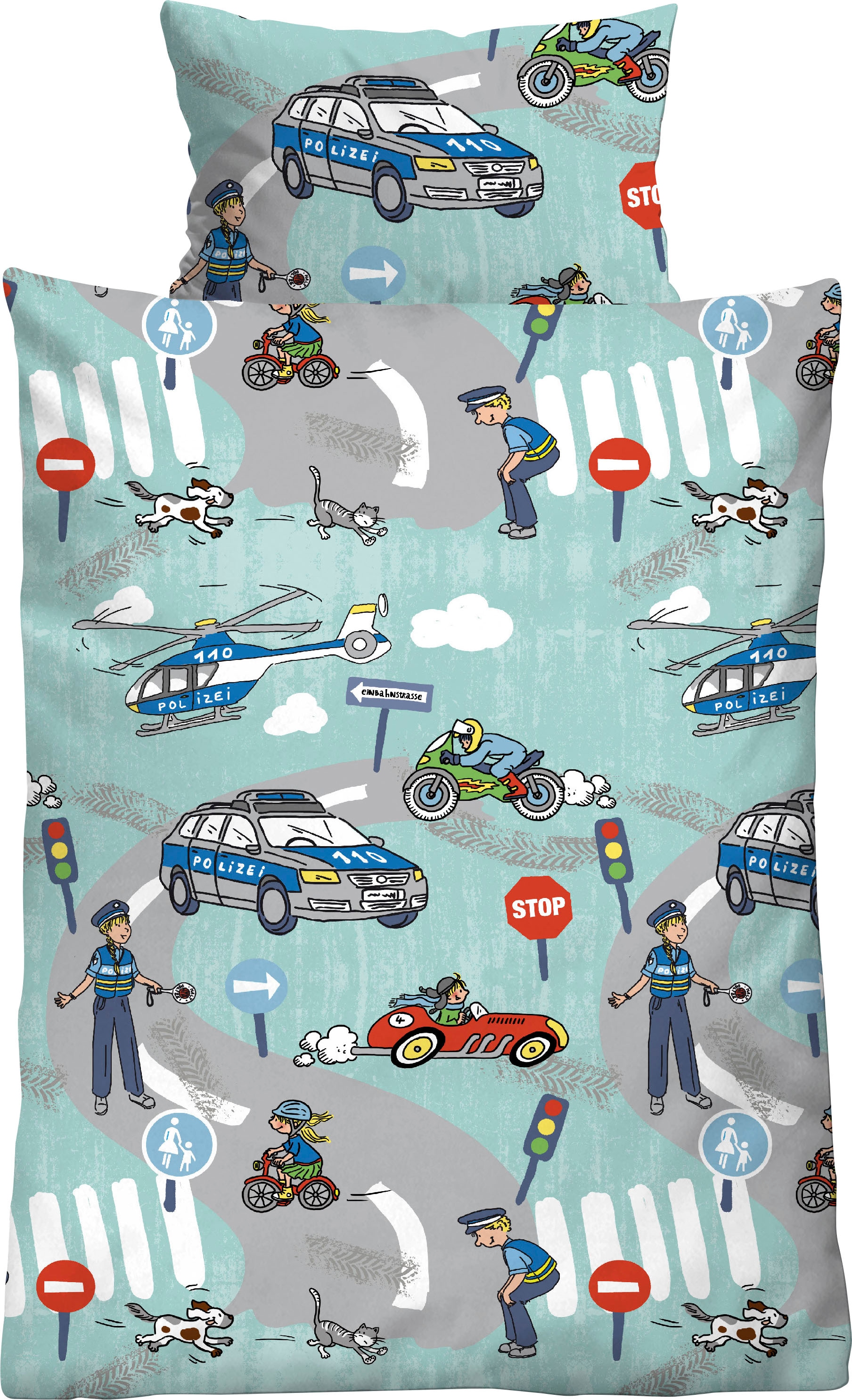 Biberna Kinderbettwäsche "Ela in Gr. 100x135 oder 135x200 cm, für Kinder, Polizei" 2 Stk. Biber, wärmend & weich, Reißverschluss, ab Größe 100 x 135 cm