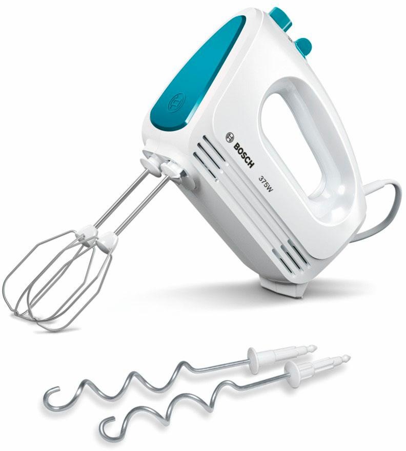 BOSCH Handmixer »CleverMixx MFQ2210D, Edelst. Rührbesen/Knethaken, 4 Stufen, weiß/blau«, 375 W, Auswurftaste, leichtes Gehäuse, Made in Europe