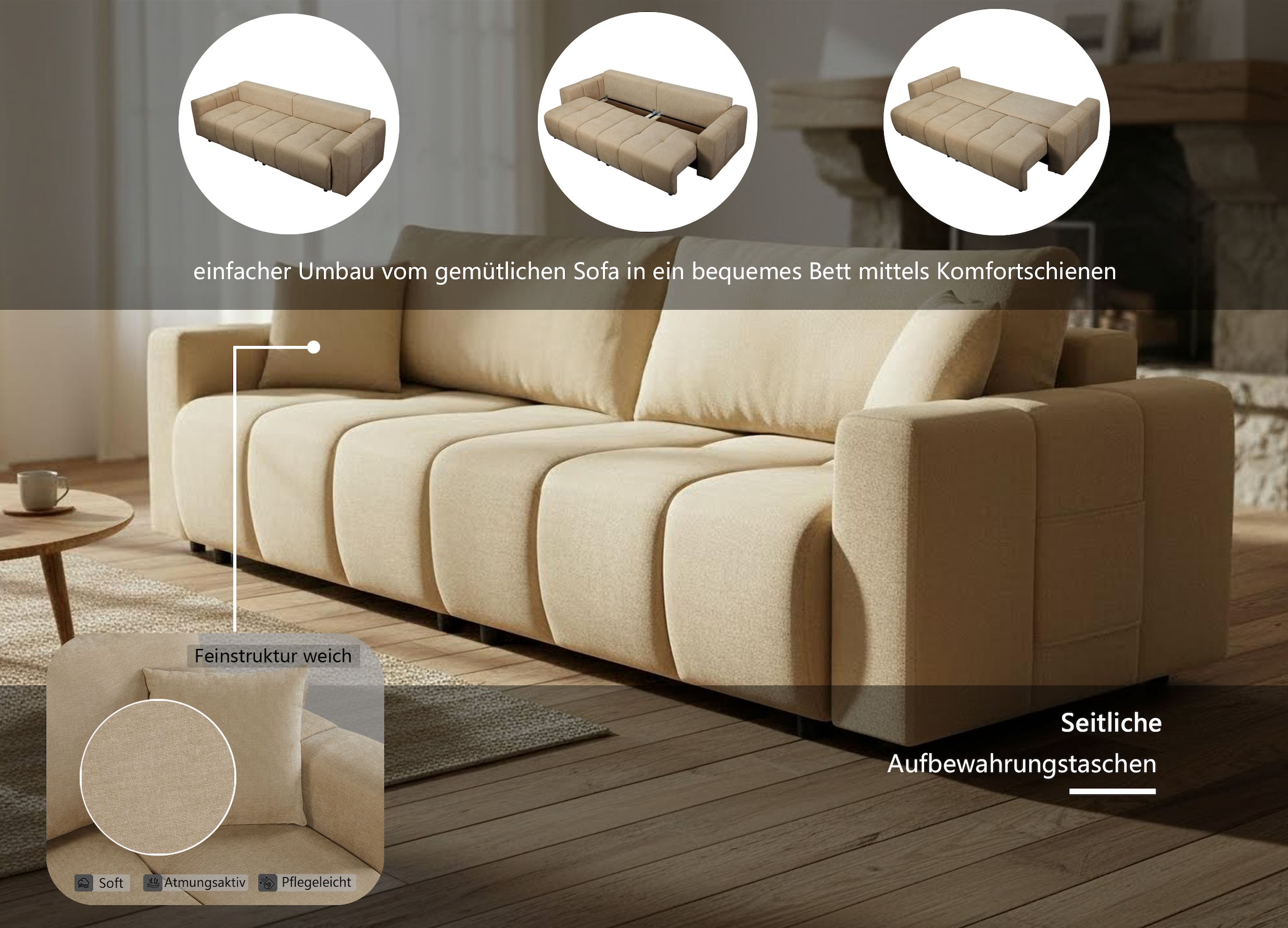 OTTO home Schlafsofa »YLVAA 3-Sitzer, 239cm/Schlafsofa (132/198)-OTTO. Verlässliche Qualität« Tonnentaschen-Federkern, Bettkasten, Feinstruktur weich