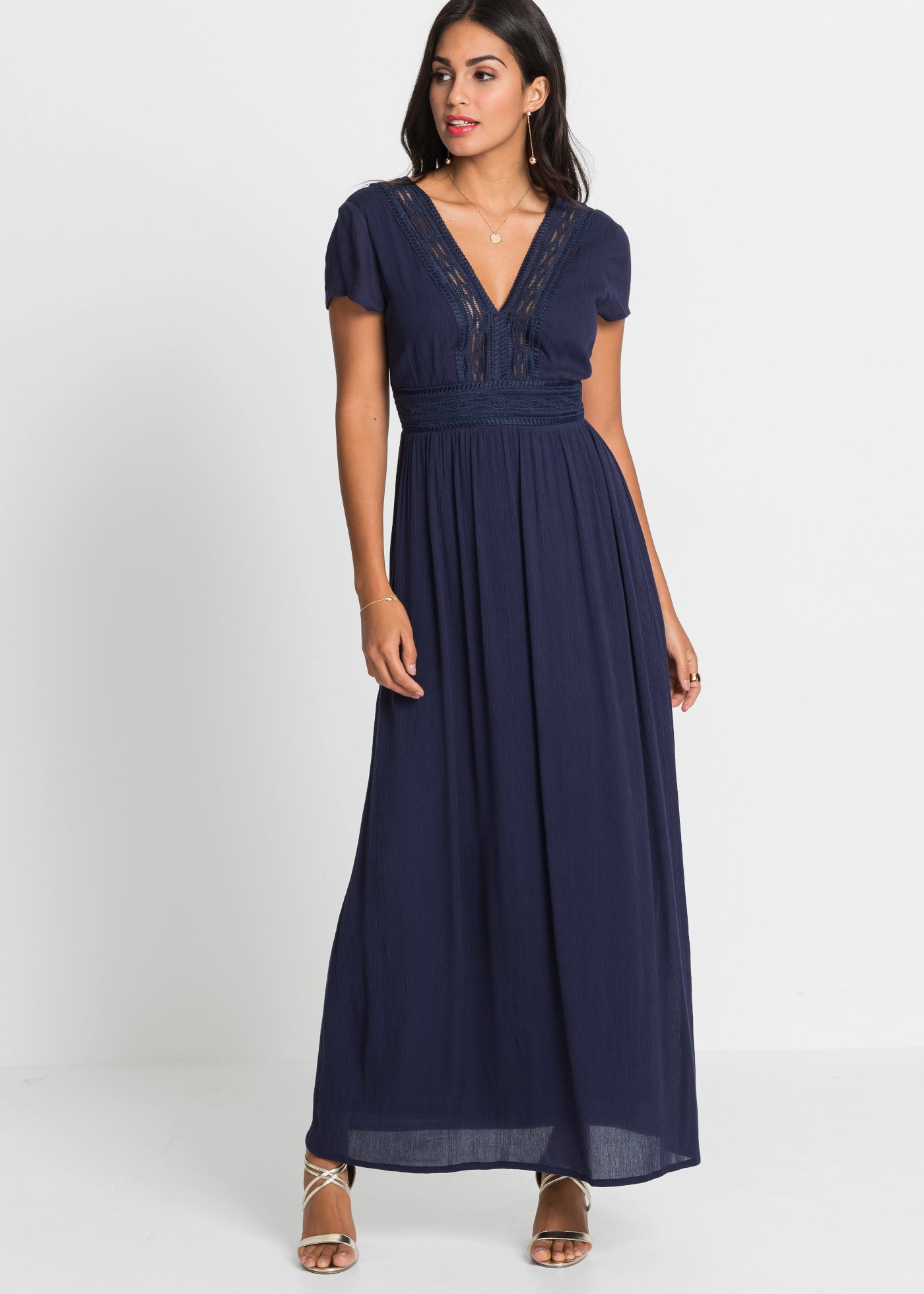 bonprix Maxikleid eleganter Stil, mit gehäkelter Spitze, aus Viskose, Loose Fit