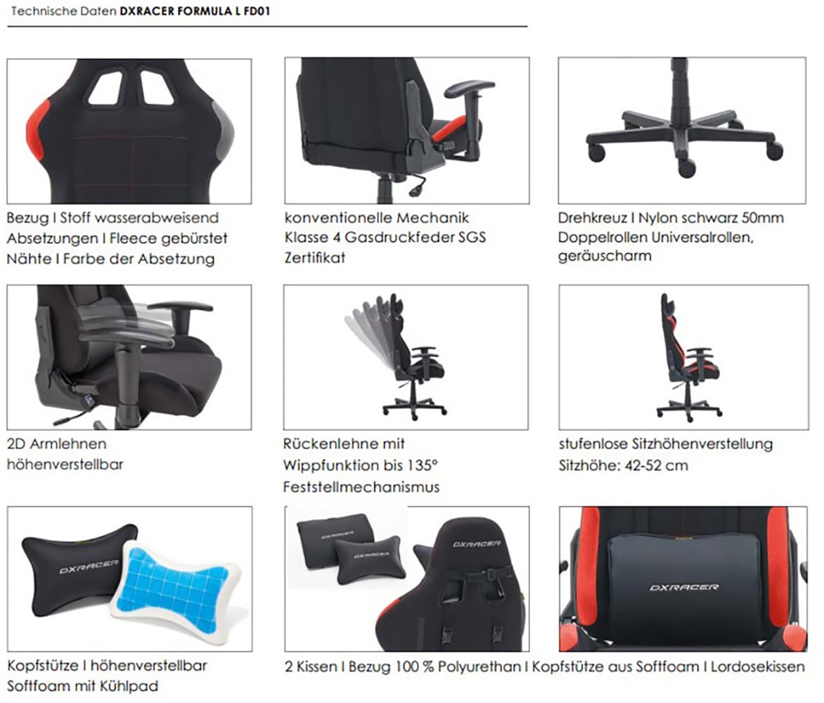 MCA furniture Gaming-Stuhl »DX Racer Formula Gamingchair«, (Set), 1 St., Stoff, Gaming,Racing,Design,Lordose,Kissen,Armlehne,drehbar,verstellbar