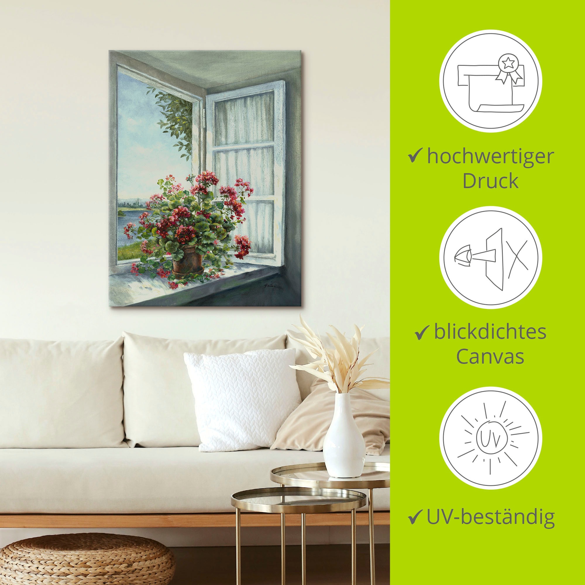 Artland Wandbild »Geranien am Fenster«, Blumen, (1 St.), als Alubild, Outdoorbild, Leinwandbild, Poster, Wandaufkleber