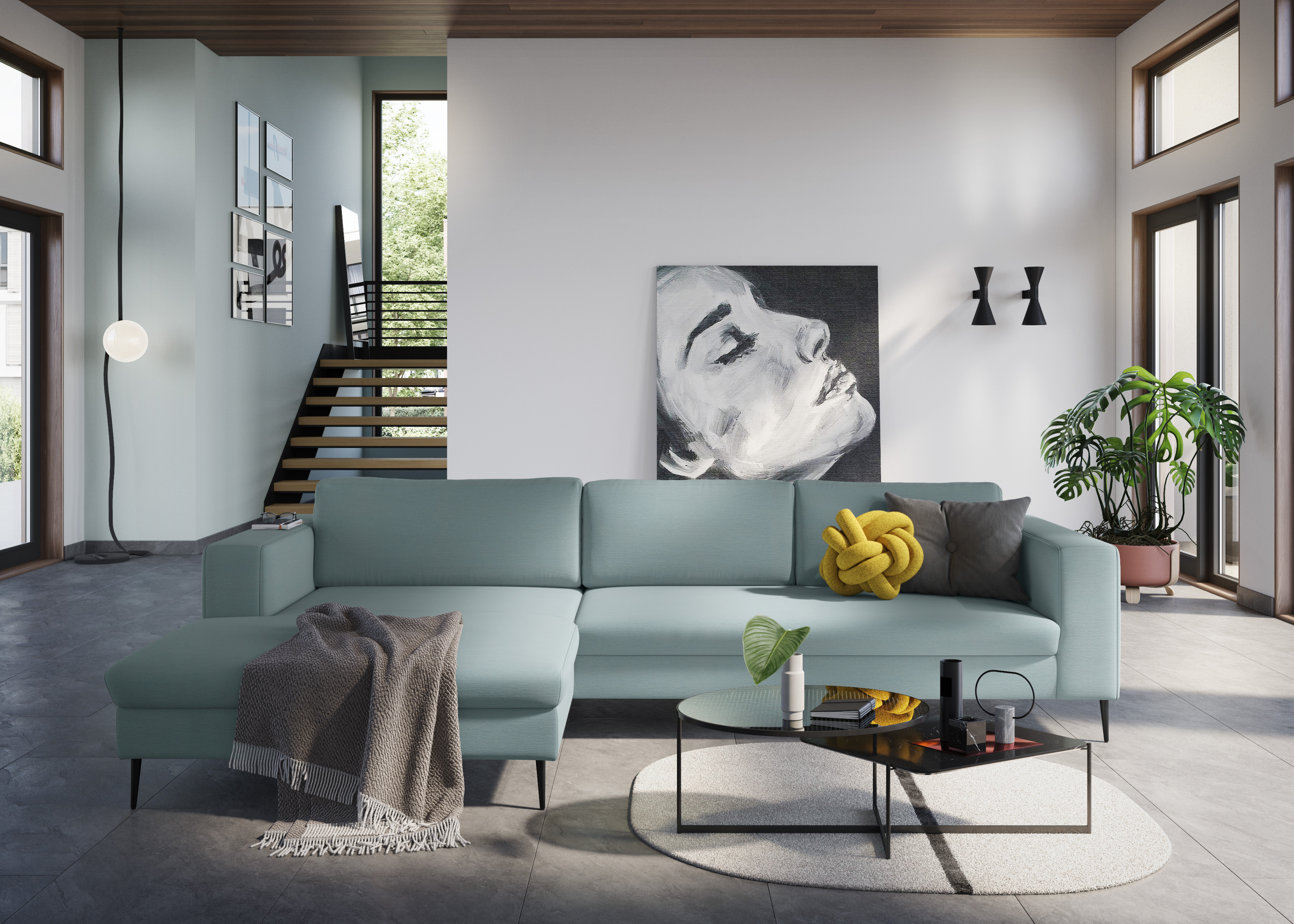 DOMO collection Ecksofa "Modica, zeitlos & elegant, Breite 329cm, hoher Fuß, bequem, L-Form" Auch in Cord, Fußhöhe passend für gängige Saugroboter