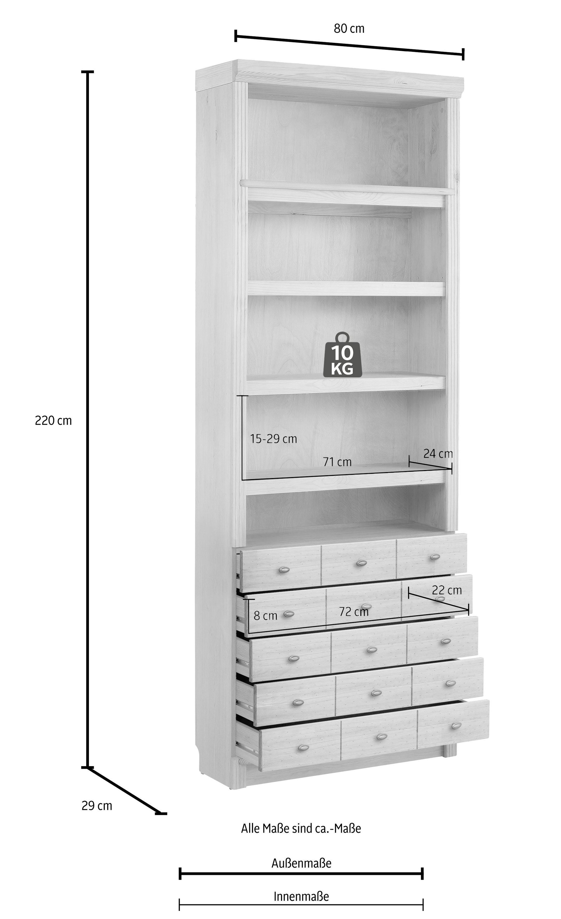 Home affaire Bücherregal »Soeren«, aus massiver Kiefer, in 2 Höhen, Tiefe 29 cm, mit 5 Schubkästen