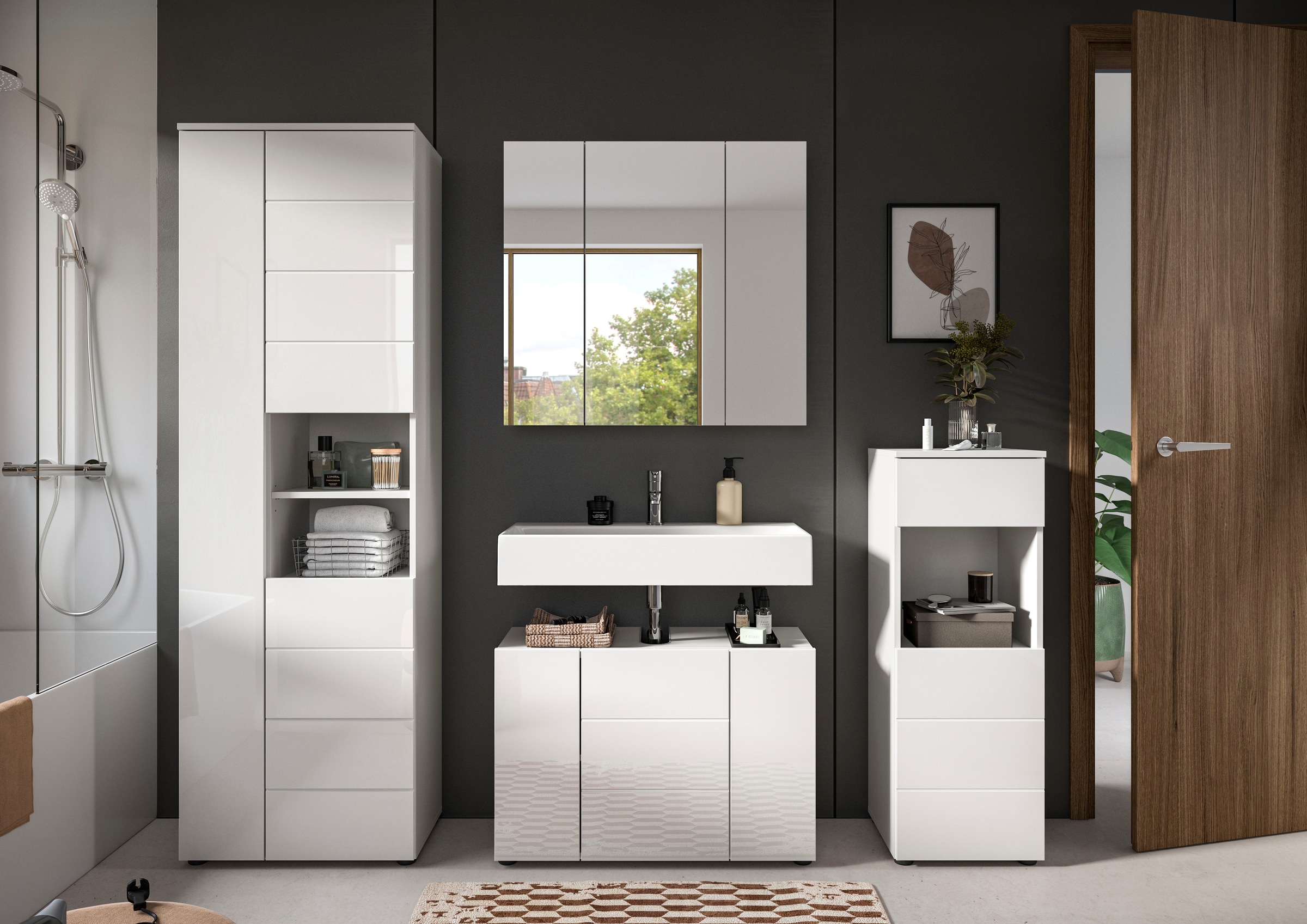 welltime Badmöbel-Set "Biel, Höhe 190 cm, Hochschrank, Unterschrank, Spiege günstig online kaufen