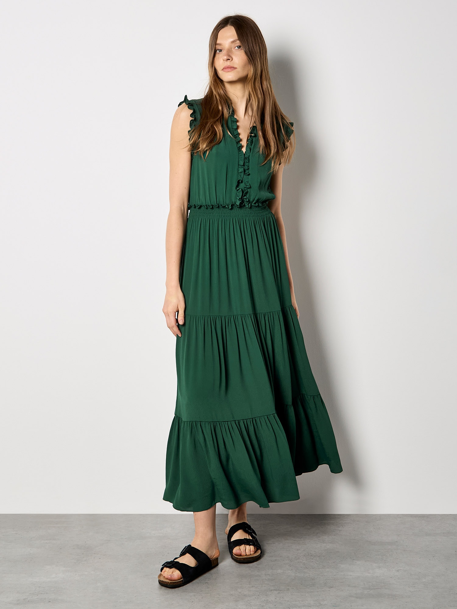 Apricot Maxikleid "Maxikleid mit V-Ausschnitt" mit Rüschen
