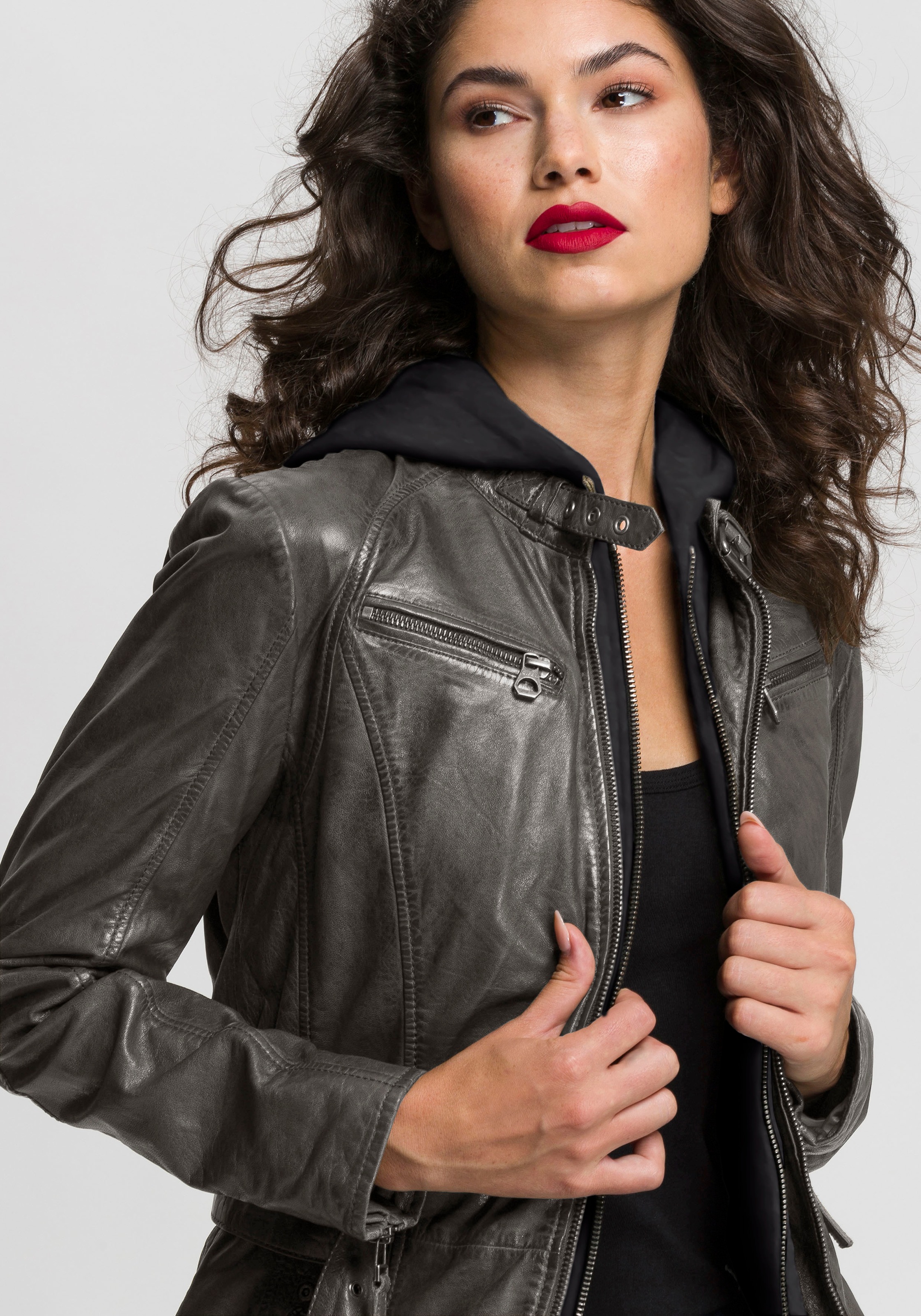 Thumbnail - Mauritius Ledermantel "BENTE2", lange Lederjacke mit Gürtel & abnehmbarem Kapuzen-Inlay