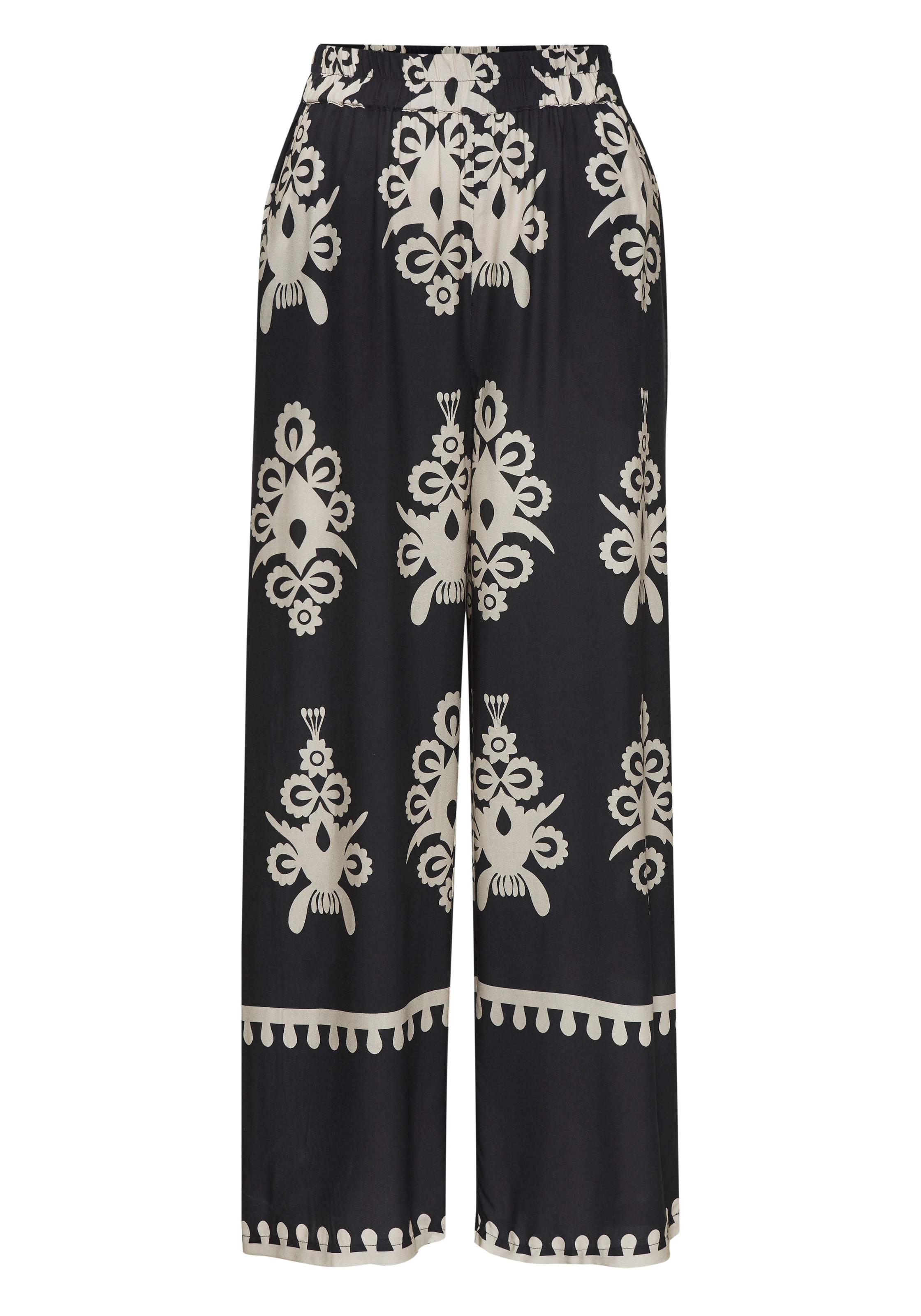 Palazzohose LASCANA, Damen, Gr. 44, N-Gr, schwarz (schwarz, sand bedruckt), Web, Obermaterial: 100% Viskose, bedruckt, figurumspielend lang, Hosen Palazzohose, mit Ethnoprint, Sommerhose 3