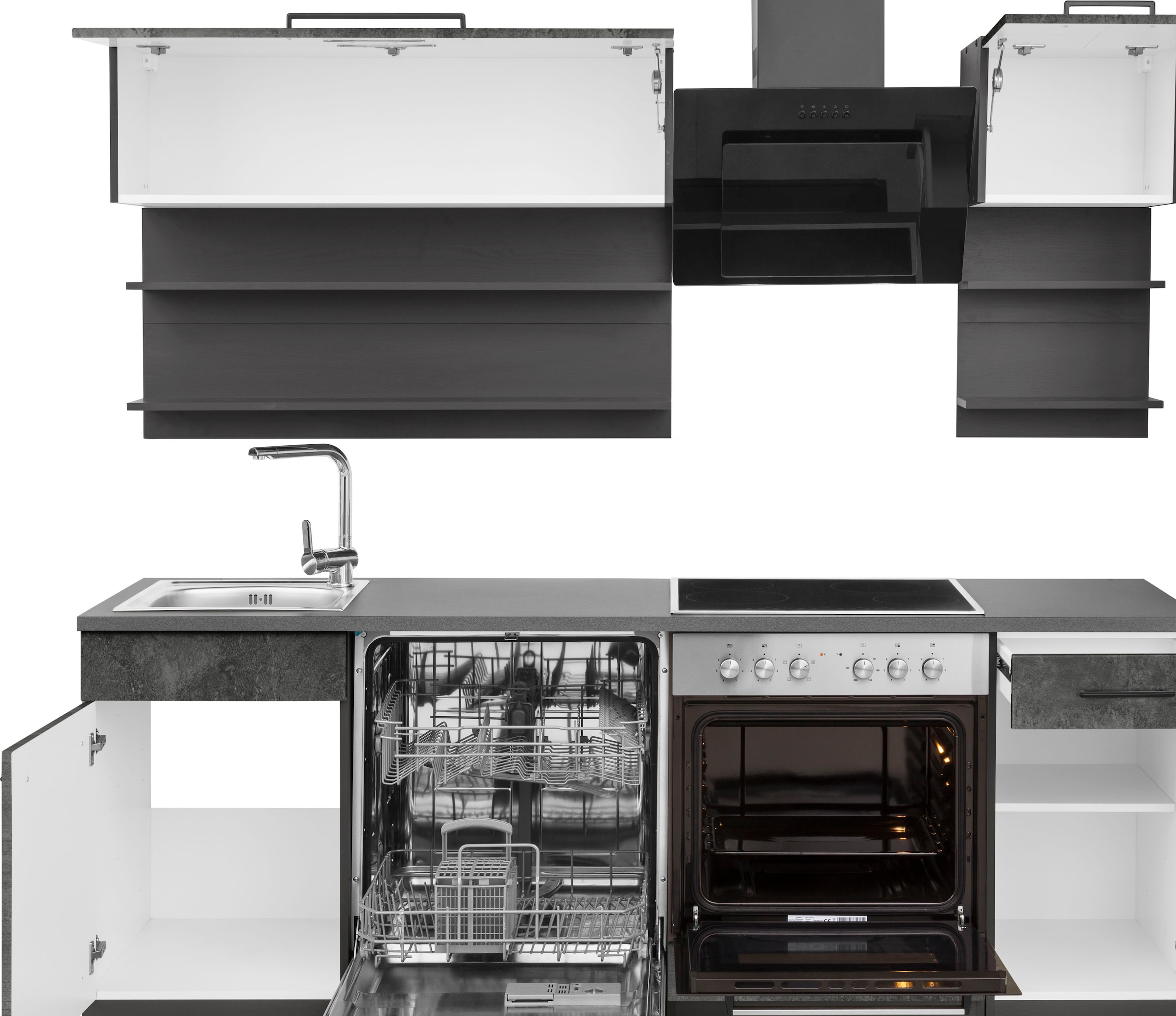 KOCHSTATION Küchenzeile »KS-Tulsa«, ohne E-Geräte, Breite 210 cm, schwarze Metallgriffe, MDF Fronten
