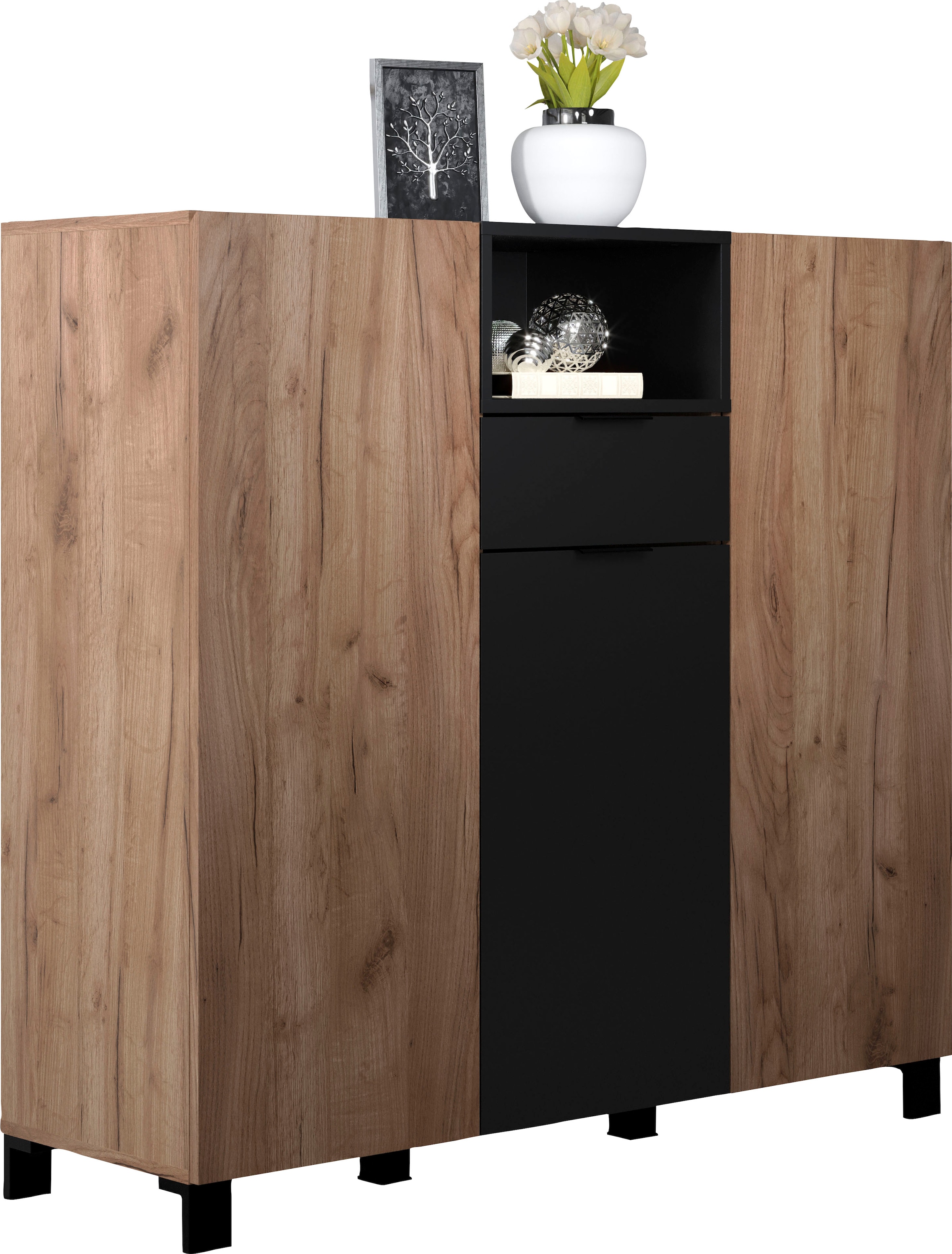 INOSIGN Highboard »Kriens«, Hochschrank Eiche, hellbraun / schwarz matt, Breite 125cm, Höhe 117cm