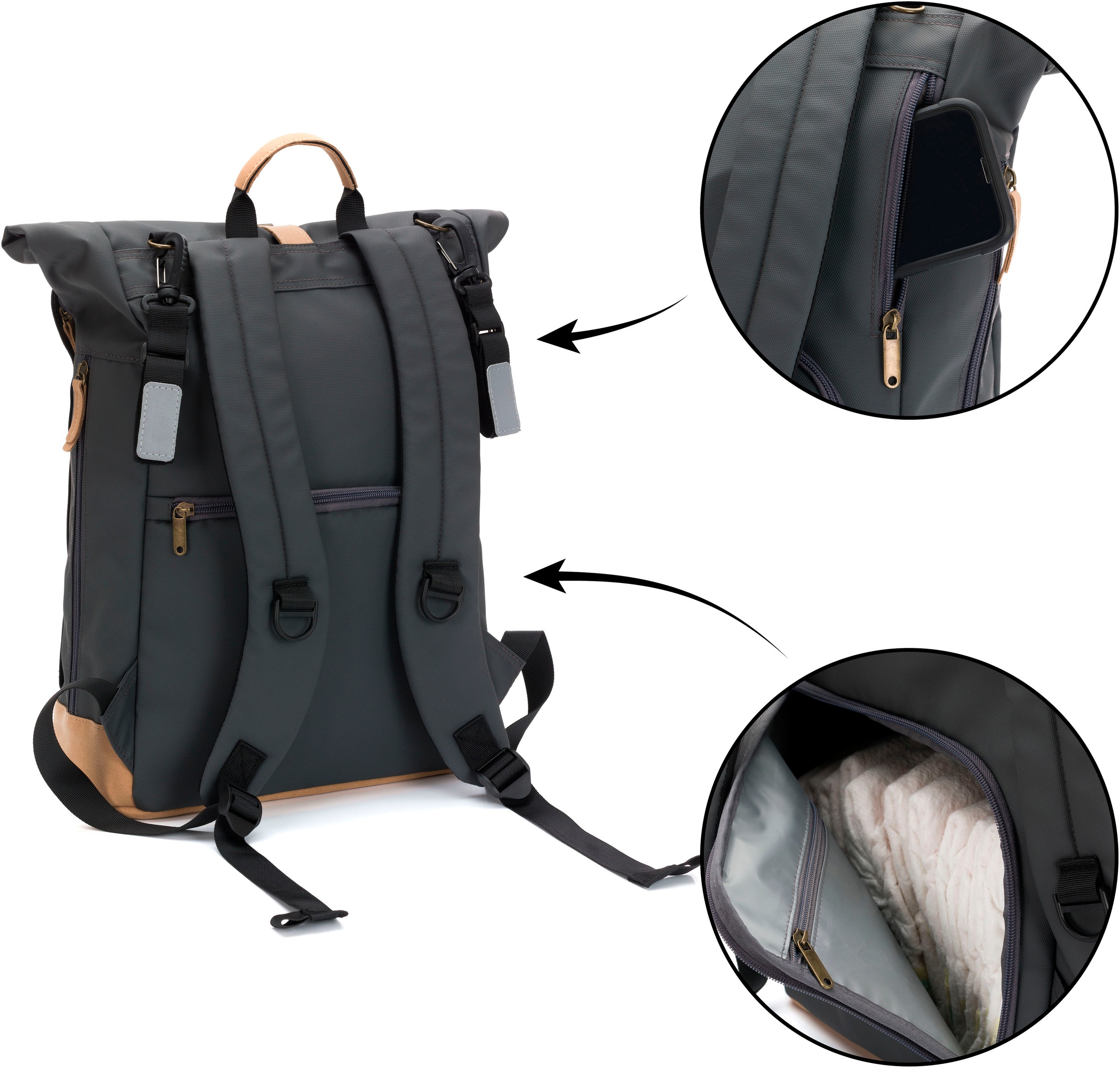 Fillikid Wickelrucksack »Rolltop Berlin stone grey«, Reflektoren, inkl. Wickeltunterlage