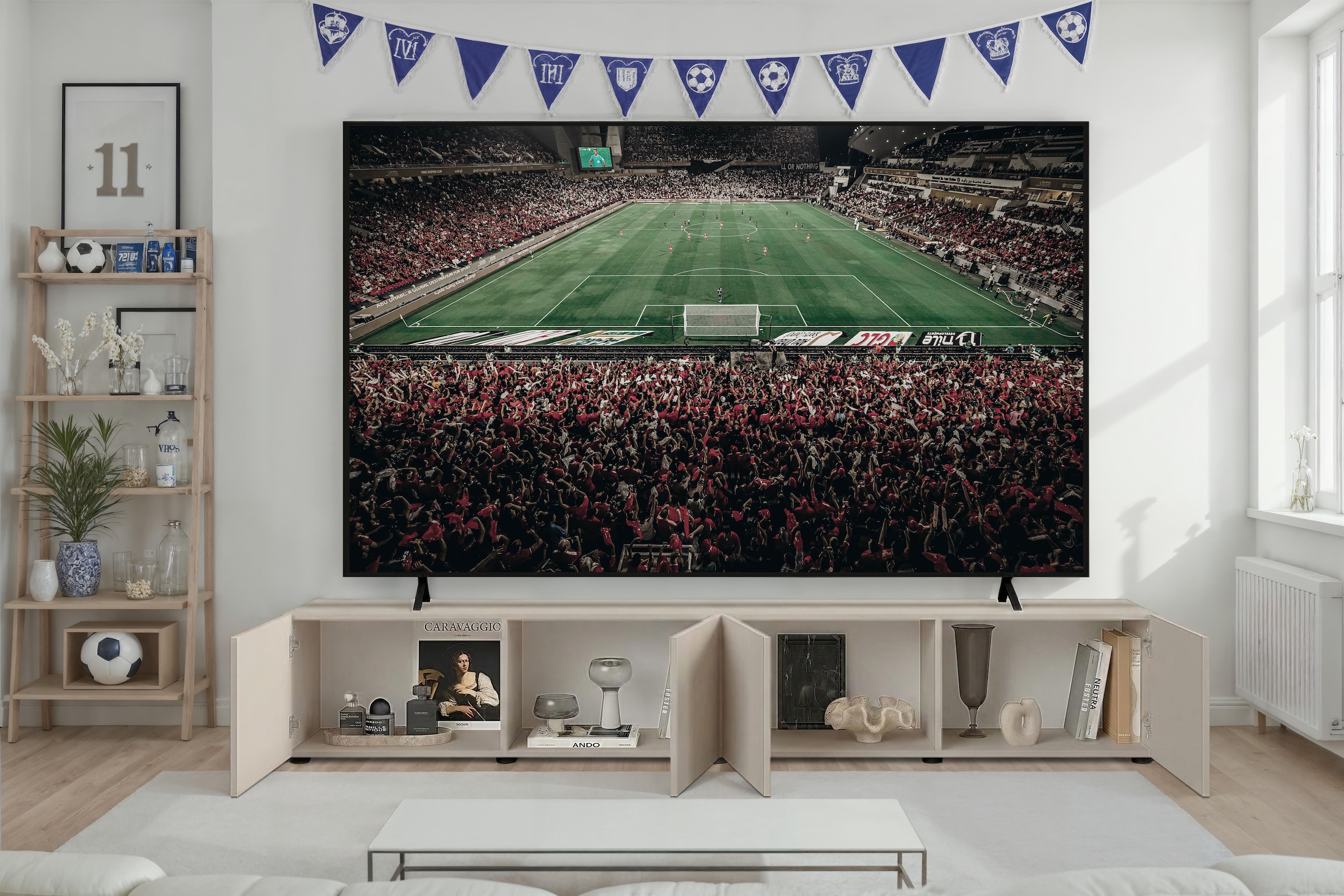 Home affaire Lowboard »Rio, 245 cm breit, 47 cm tief, 4 Türen mit geriffelten MDF Fronten« Modernes Lowboard für bis zu 98-Zoll-TV – perfekt für die WM