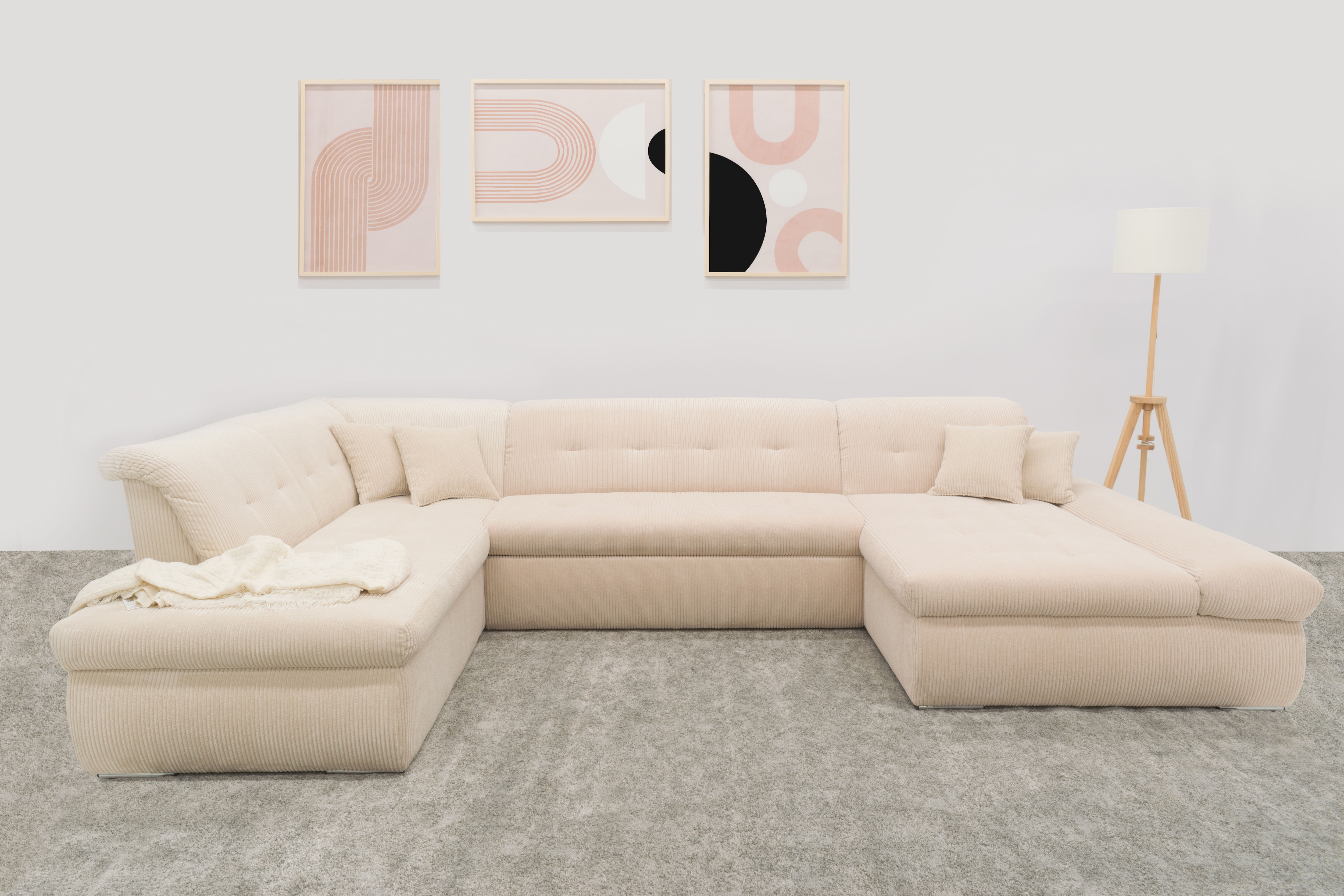 DOMO collection Wohnlandschaft "MORIC 353x216x80 cm, mit viel Platz, U-Form, auch in Cord" im XXL-Format, wahlweise mit Bettfunktion und Armlehnenverstellung