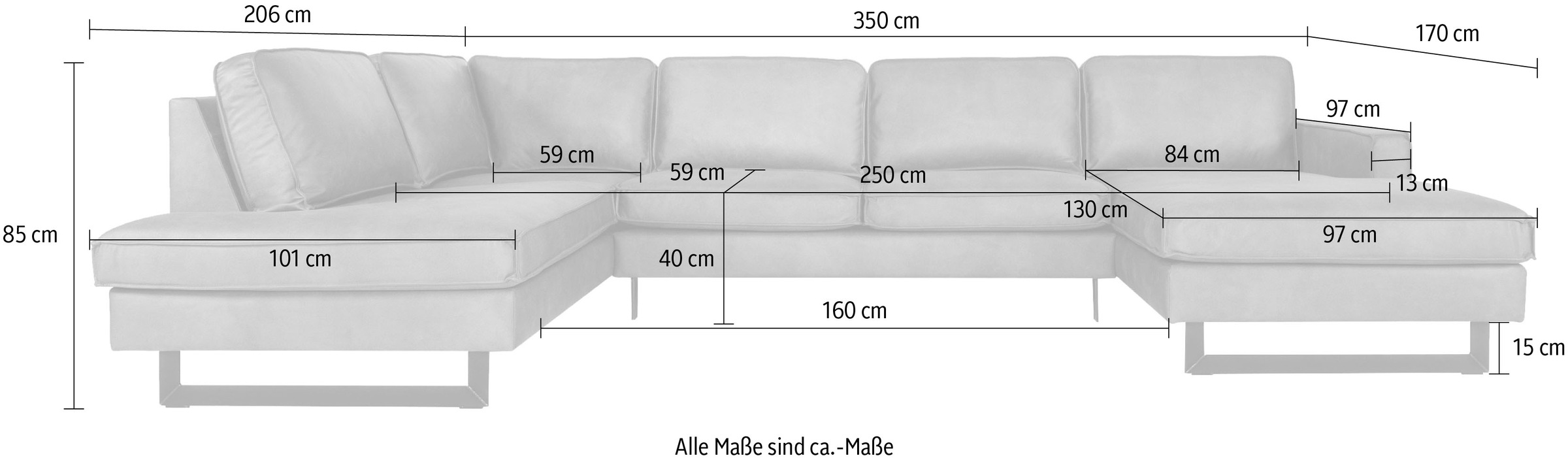 Places of Style Wohnlandschaft »Pinto, 350 cm, U-Form, XXL, mit Ottomanen«, Cord, Chenille, Lederoptik, mit Keder, Metallfüße, Wellenunterfederung