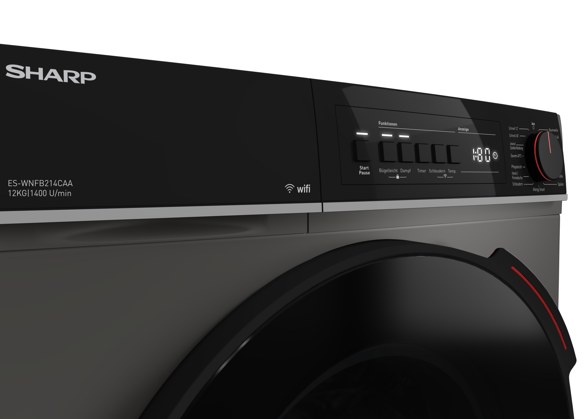 Sharp Waschmaschine »ES-WNFB214CAA-DE« 12 kg 1400 U/min 12kg / +WIFI / A-20% / black Doorring+knob / Steam / Espresso Grey