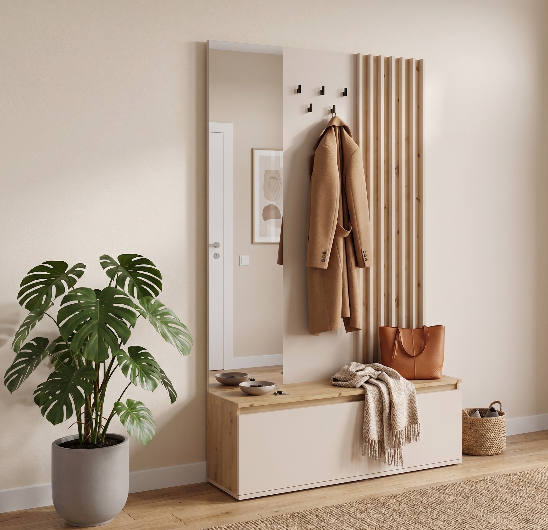 Home affaire Garderobenpaneel »LANDUVA Garderobe mit Schuhschrank, Spiegel und Haken, Breite 120 cm« Garderoben-Set, Kompaktgarderobe, mit Sitzbank, Lamellen Design