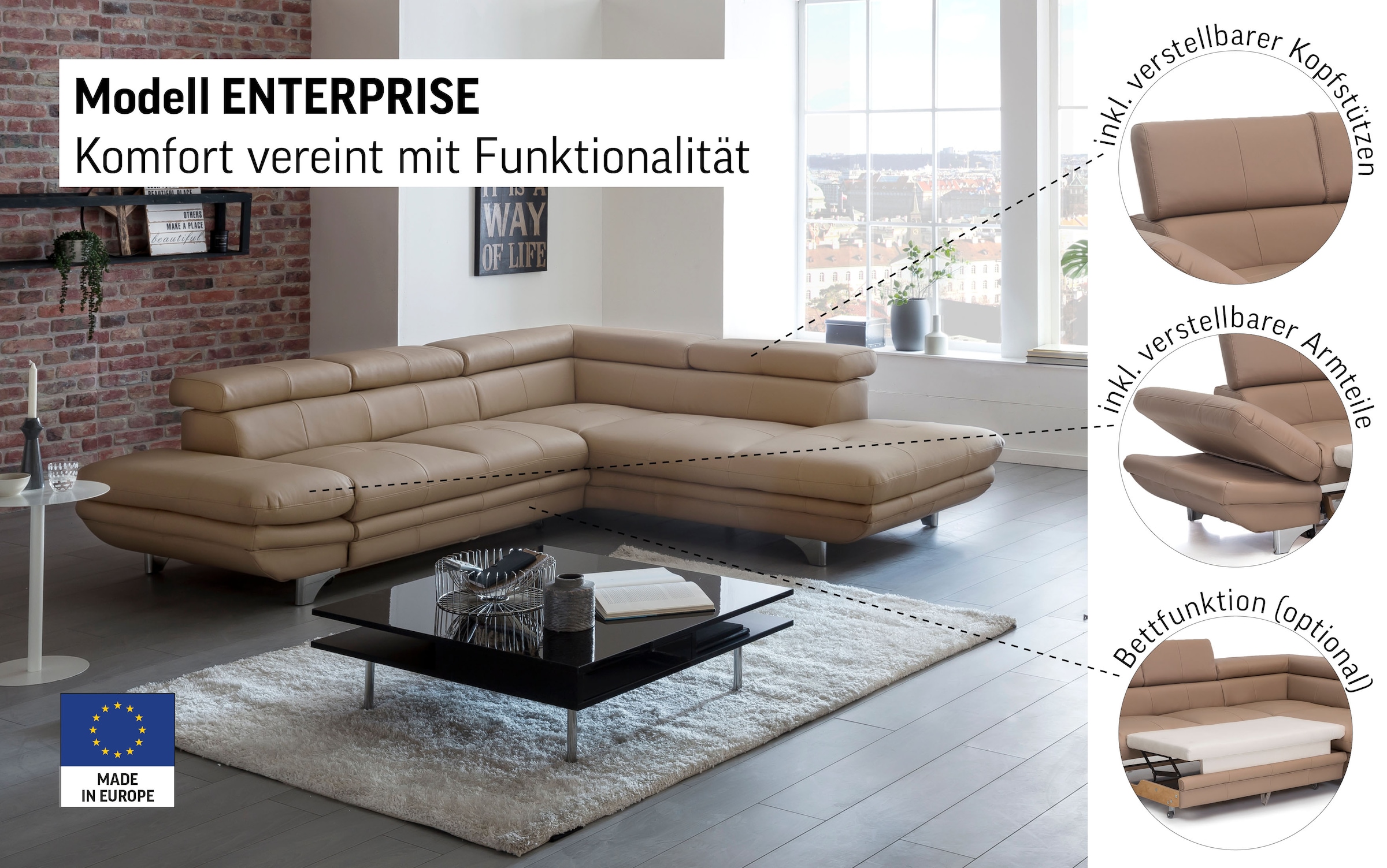 COTTA Ecksofa »Enterprise L-Form« mit Arm- & Kopfteilverstellung, wahlweise mit Bettfunktion