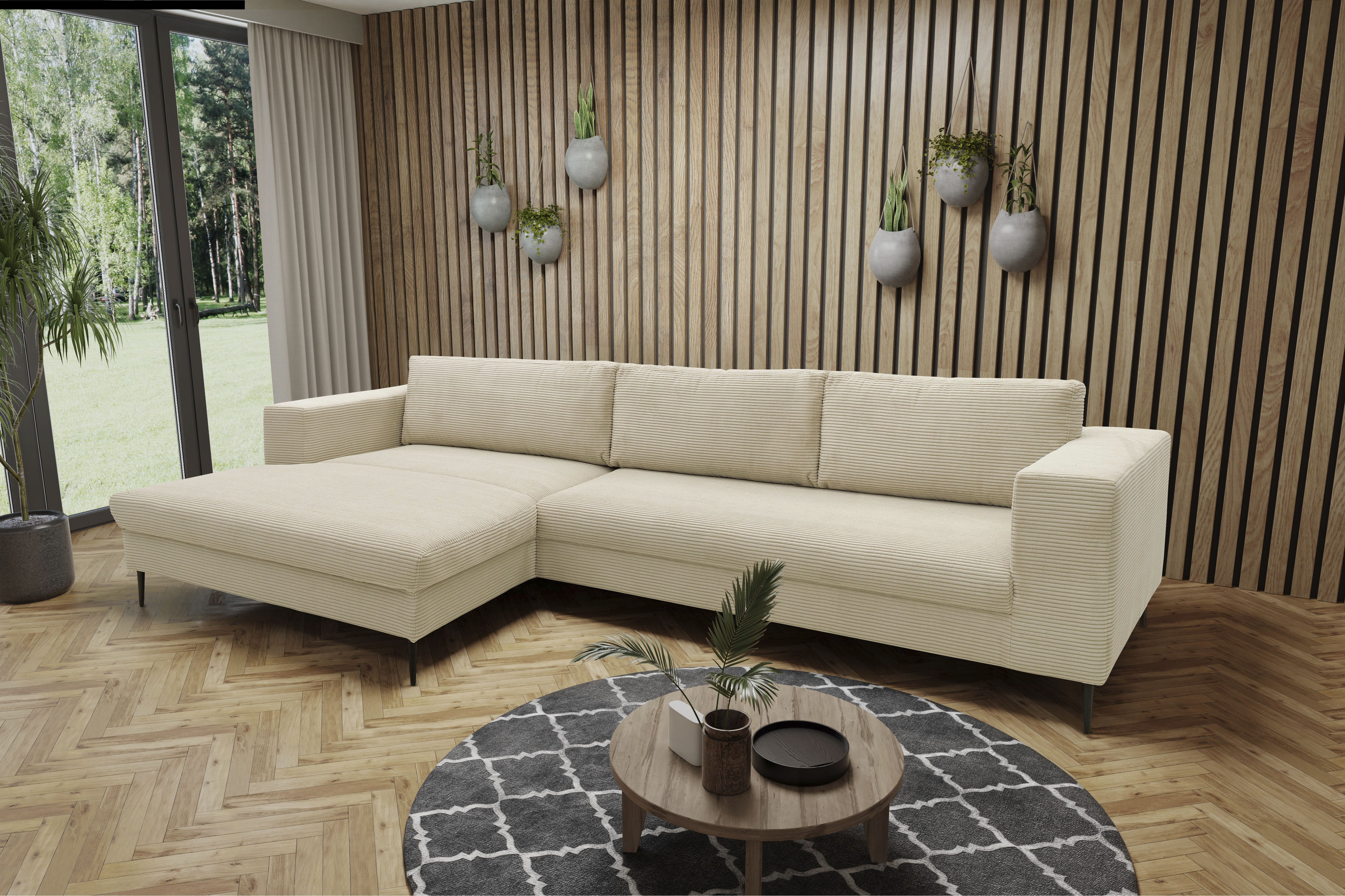 DOMO collection Ecksofa "Modica, zeitlos & elegant, Breite 329cm, hoher Fuß, bequem, L-Form" Auch in Cord, Fußhöhe passend für gängige Saugroboter