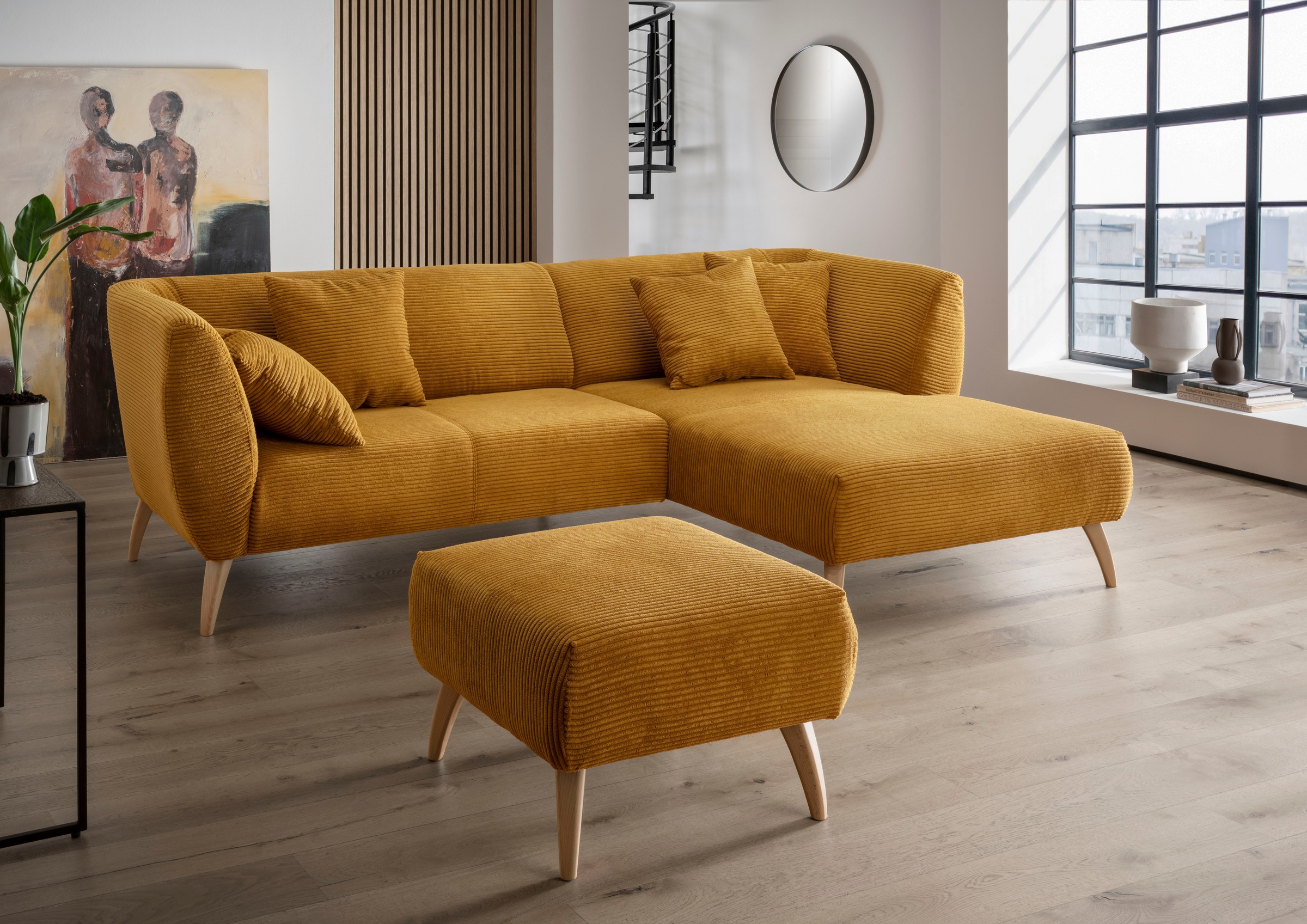 Ecksofa HOME AFFAIRE "Colori Polstermöbel mit zeitlos eleganter Rückenführung. L-Form", gold, B:264cm H:80cm T:160cm, 100% Polyester, Sofas, Ecksofa, Holzfußfarbe wählbar, inkl. 4x Zierkissen