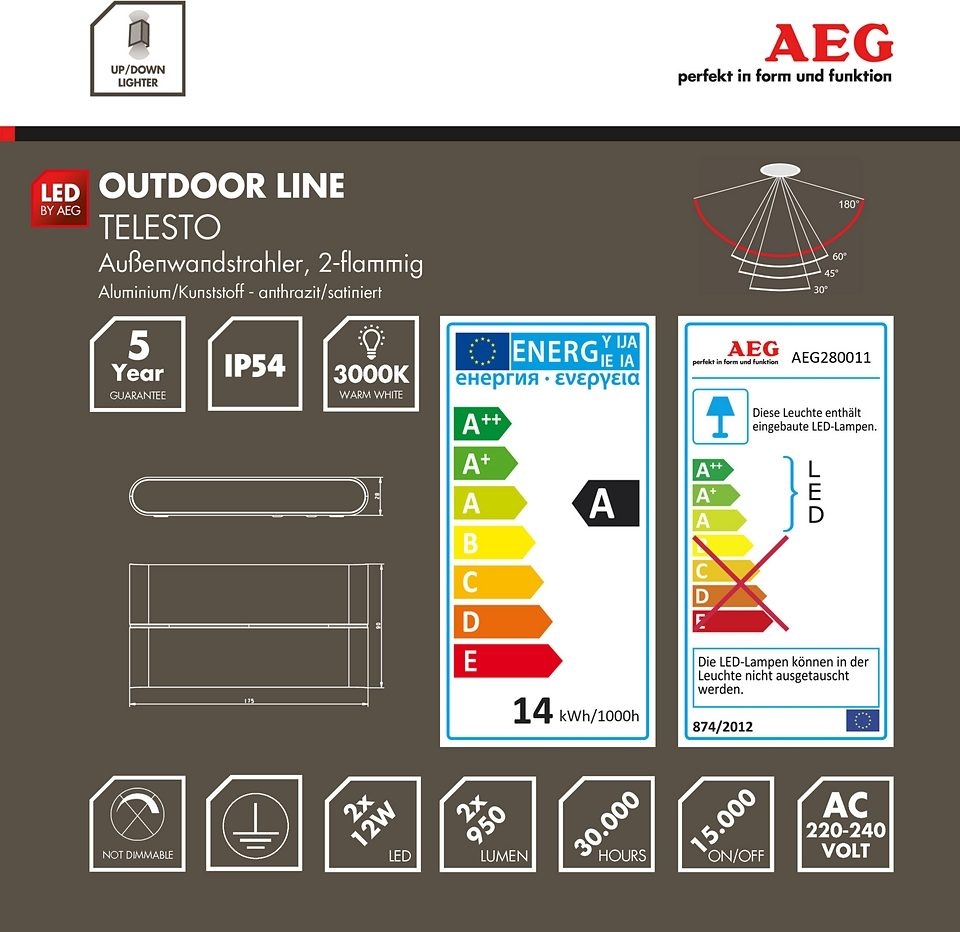 AEG LED Außen-Wandleuchte »TELESTO«, 2 flammig-flammig, 9 x 18 cm, Haustürbeleuchtung, Aluminium/Kunststoff, anthrazit