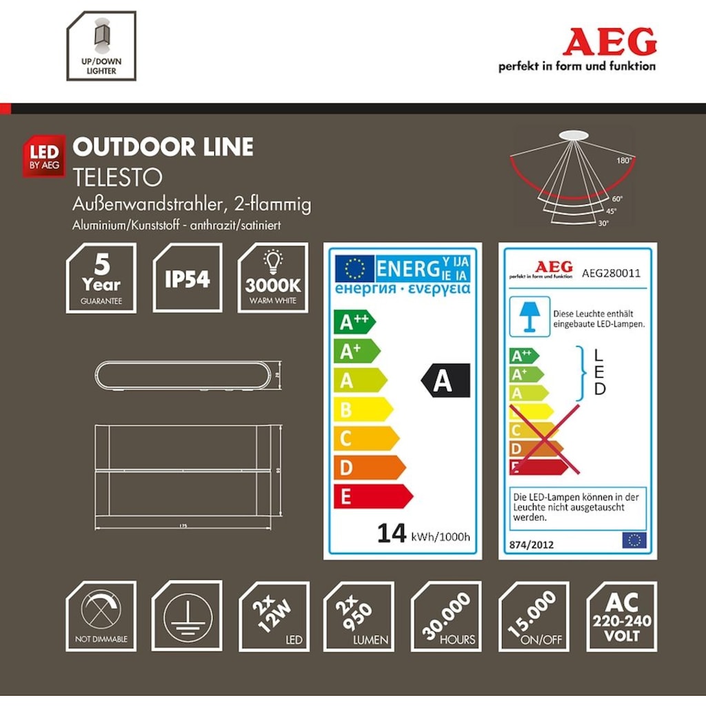 AEG LED Außen-Wandleuchte »TELESTO«, 2 flammig-flammig