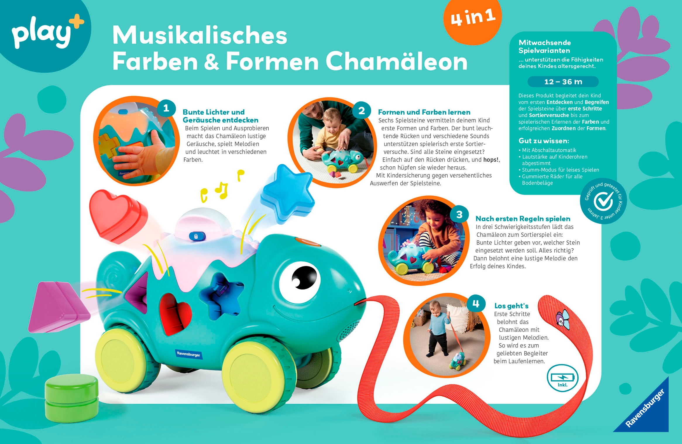 Ravensburger Steckspielzeug »Play+ Musikalisches Farben & Formen Chamäleon«, Made in Europe