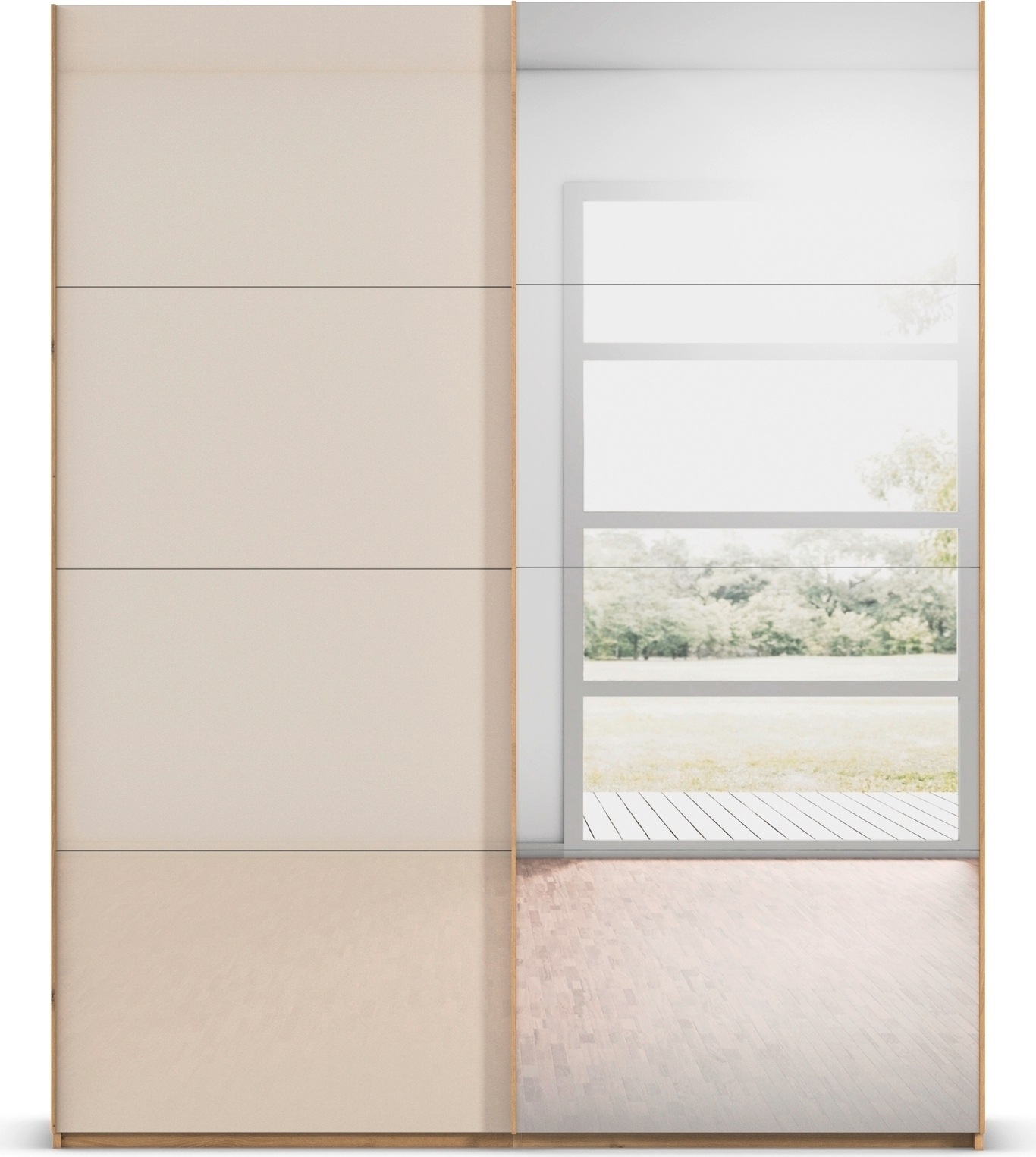 rauch Schwebetürenschrank »Kleiderschrank Schrank Garderobe Schlafzimmerschrank SCALE-FYRA«, edle viergeteilte Türen Spiegel/Glas-Mix viele Farben MADE IN GERMANY